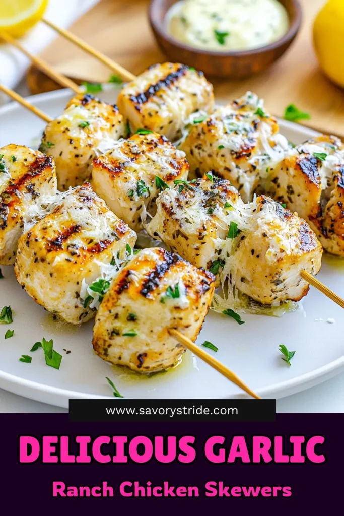 Indulge in these easy grilled chicken skewers with a flavorful ranch garlic chicken recipe that your family will love! Made with tender chicken breast, creamy ranch dressing, and topped with Parmesan, these Parmesan chicken skewers are perfect for summer BBQs. Ideal for quick meals or gatherings, try these skewered chicken with ranch dressing today. Click to discover the full recipe and make your mealtime memorable! #GrilledChickenSkewers #EasyGrilledChickenRecipe #RanchGarlicChickenRecipe #ParmesanChickenSkewers