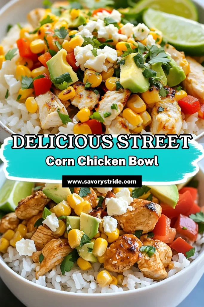 Enjoy a delicious Street Corn Chicken Rice Bowl that's perfect for any meal! This easy chicken rice bowl features juicy chicken breast, vibrant corn, and creamy avocado, all on a bed of fluffy jasmine rice. Perfect as a quick lunch or dinner, this jasmine rice chicken recipe is bursting with flavors from our Mexican street corn recipe. Try it today and elevate your meal prep! Save this recipe for later! #StreetCornChickenRiceBowl #EasyChickenRiceBowl #MexicanStreetCornRecipe #CornAndAvocadoRiceBowl