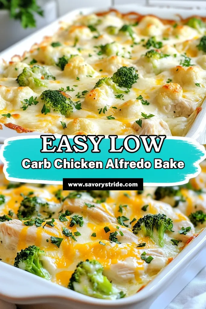 Craving a delicious and easy dinner? Try this Quick Low-Carb Chicken Alfredo Bake! This tasty low-carb chicken Alfredo dish combines shredded chicken, cauliflower, and broccoli with a creamy Alfredo sauce for a perfect keto chicken casserole. It's a healthy chicken Alfredo option that's satisfying and ready in just 40 minutes. Don't miss out on this crowd-pleasing quick chicken bake recipe! Save this recipe for later. #LowCarbChickenAlfredo #QuickChickenBakeRecipe #KetoChickenCasserole #HealthyChickenAlfredo