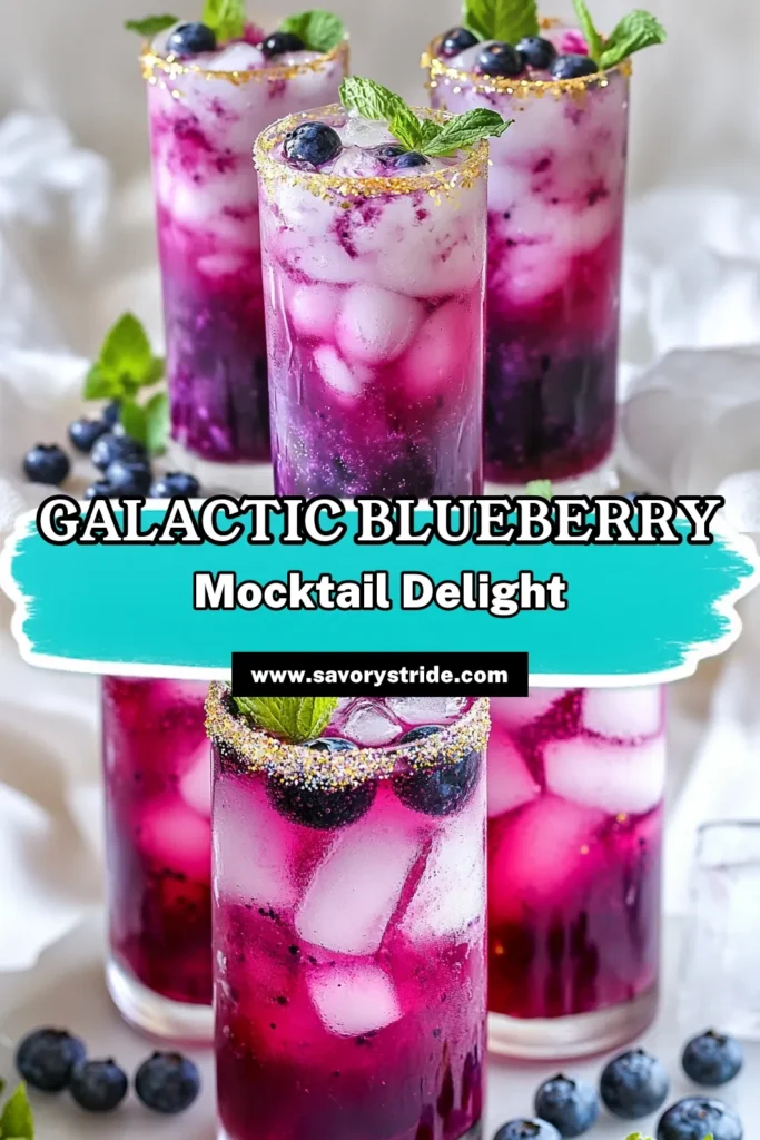 Dive into the universe of flavors with this Blueberry Galaxy Mocktail recipe! This sparkling blueberry beverage is the perfect non-alcoholic blueberry cocktail for any occasion. Made with fresh blueberries, blueberry juice, and a touch of edible glitter, this galaxy mocktail drink offers a visually stunning and delicious experience. Refresh your guests with this delightful drink and don't forget to save the recipe for your next gathering! #BlueberryMocktail #GalaxyMocktail #EdibleGlitterDrinks #NonAlcoholicCocktail