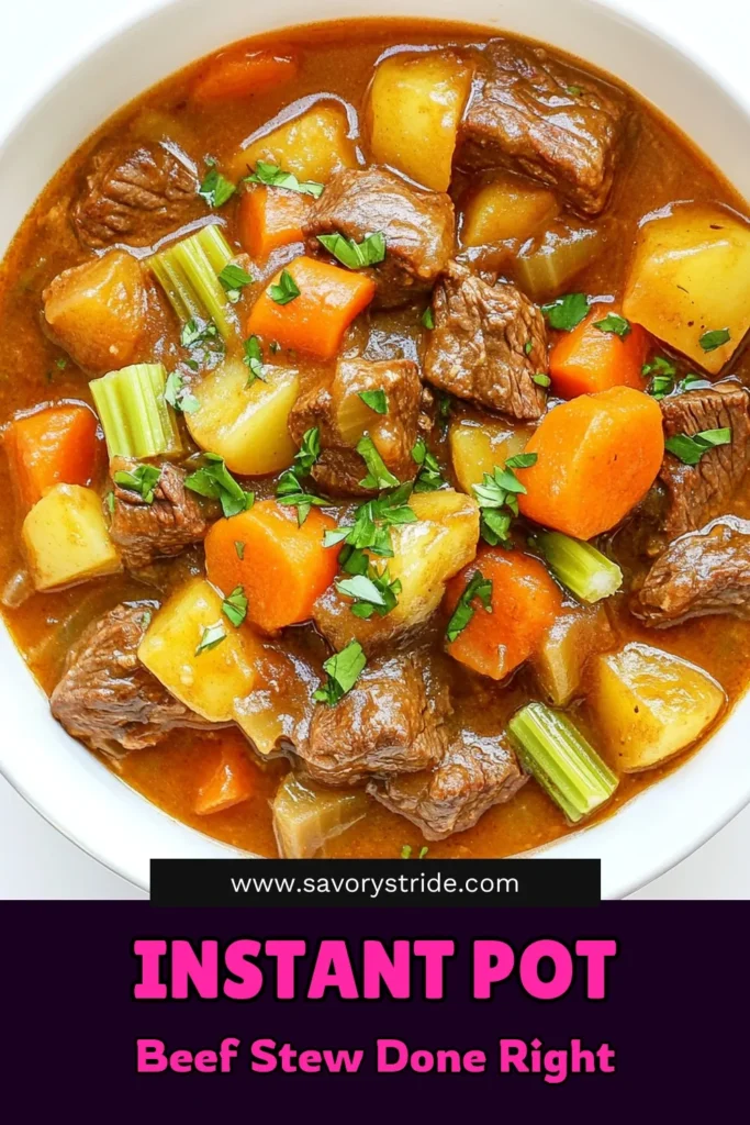 Delight in this savory Instant Pot beef stew recipe that’s perfect for busy weeknights! This easy beef stew with potatoes combines tender beef chuck, hearty vegetables, and aromatic herbs, all cooked to perfection in a pressure cooker. Enjoy a homemade beef stew recipe that warms the soul. Don't miss out—save this easy recipe for your next family dinner! #InstantPotBeefStew #BeefStewRecipe #PressureCookerBeefStew #EasyBeefStew