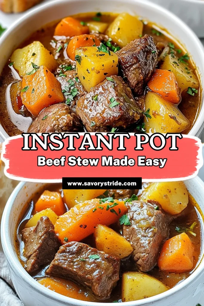 Looking for a hearty meal? Try this easy Instant Pot beef stew! Packed with tender beef chuck, fresh vegetables, and a savory sauce, this savory beef stew recipe is perfect for any night. With minimal prep and quick cooking time, it’s one of the best easy Instant Pot recipes. Enjoy a comforting bowl of beef chuck stew with vegetables that the whole family will love. Save this recipe and elevate your dinner game! #InstantPot #BeefStew #EasyRecipes #ComfortFood