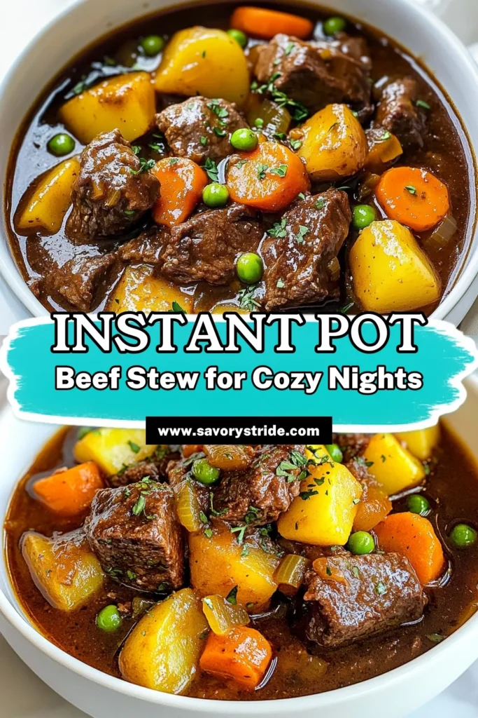 Discover the ultimate savory beef stew recipe with this Instant Pot beef stew! Made with tender beef chuck and loaded with carrots and potatoes, this easy beef stew recipe is a family favorite. Pressure cooker beef stew comes together in just over an hour, making it perfect for busy nights. Serve warm and enjoy the delicious flavors. Try this beef chuck stew Instant Pot recipe today and make your dinner effortless and tasty! Save for later! #InstantPotRecipes #BeefStew #PressureCookerRecipes #EasyCooking