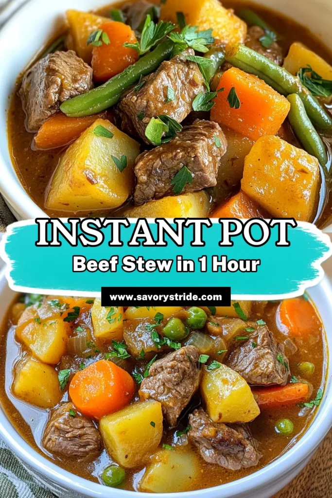 Warm up with this Instant Pot Beef Stew, a hearty beef stew recipe perfect for any comfort food cravings! This easy Instant Pot recipe combines tender beef, fresh vegetables, and rich flavors all in one pot. In just over an hour, you can enjoy a delicious pressure cooker beef stew that will impress your family. Don't wait—save this recipe for your next cozy meal! #InstantPotRecipes #BeefStew #ComfortFood #EasyRecipes