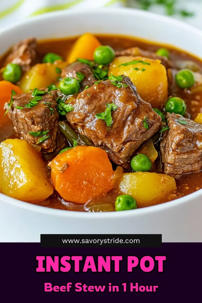 Discover the ultimate Instant Pot beef stew recipe that's both hearty and easy to make! This pressure cooker beef stew is packed with tender beef chuck, veggies, and rich flavors, perfect for a comforting meal. In just about an hour, you can enjoy a delicious beef chuck stew recipe that's sure to impress. Try this easy Instant Pot stew today and make mealtime effortless. Save this recipe for a cozy dinner! #InstantPotBeefStew #HeartyStew #PressureCookerRecipe #EasyDinner