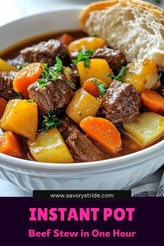 Warm up your dinner with this easy Instant Pot beef stew! This savory beef stew recipe combines tender beef, hearty vegetables, and rich flavors for the best beef stew Instant Pot experience. Perfect for busy weeknights, this Instant Pot comfort food is ready in just an hour. Don’t miss out on making this delightful dish—save it for later and impress your family tonight! #InstantPotBeefStew #BeefStewRecipe #ComfortFood #EasyRecipes