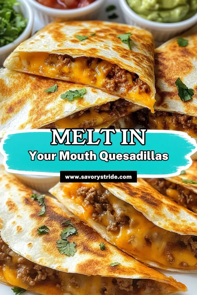 Discover the ultimate cheesy ground beef quesadillas that are perfect for any weeknight dinner! This easy beef quesadilla recipe combines flavorful ground beef, melty cheddar, and Monterey Jack cheese inside crispy flour tortillas. Ready in just 30 minutes, this quick cheesy quesadilla is a delicious ground beef tortilla meal your family will love. Don't forget to customize with the best quesadilla toppings like sour cream and guacamole. Save this recipe for your next meal! #Quesadilla #BeefRecipe #EasyDinner #QuickMeal