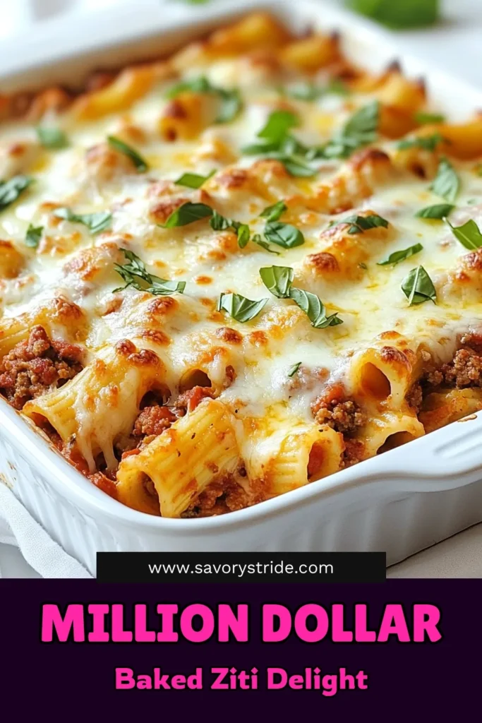 Discover the ultimate comfort food with this Million Dollar Baked Ziti recipe! This easy baked ziti recipe features a cheesy ziti casserole loaded with marinara, ricotta, and mozzarella, making it a perfect Italian pasta bake for family gatherings or weeknight dinners. Treat yourself to creamy baked ziti with ricotta that will impress everyone at the table. Save this recipe for a delicious meal tonight! #BakedZiti #ComfortFood #PastaRecipes #ItalianCuisine