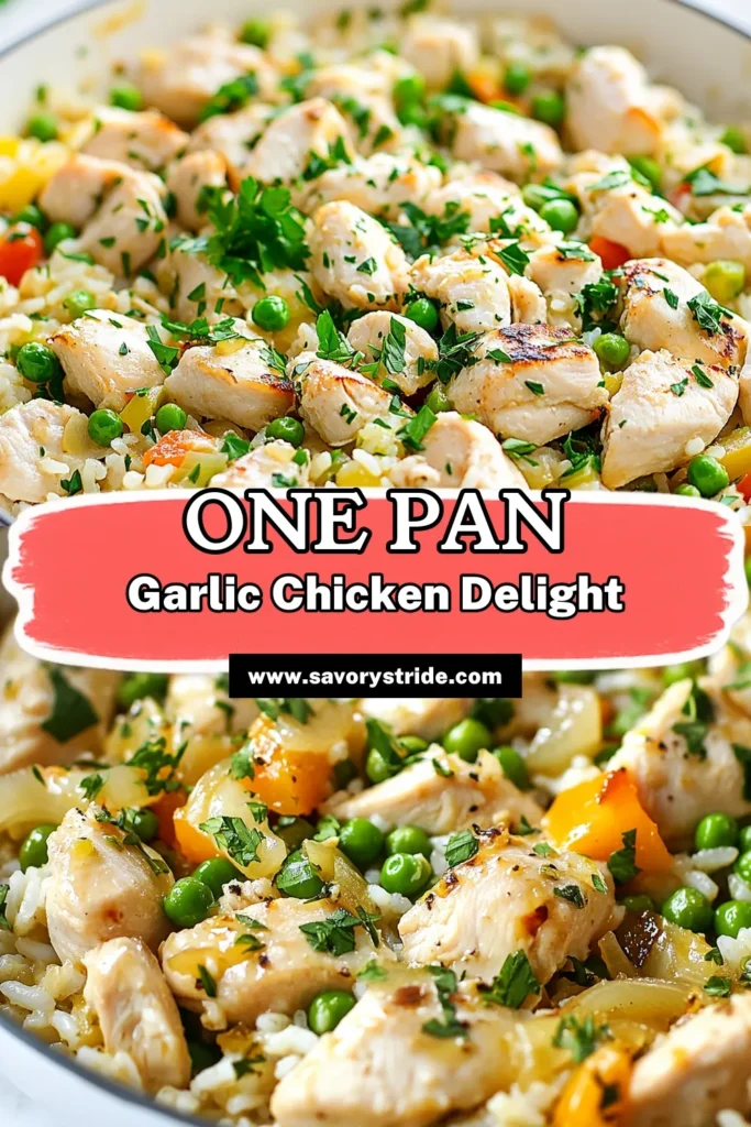 Discover the deliciousness of this Garlic Chicken and Rice Skillet, your go-to one pan chicken dinner! This easy chicken and rice recipe combines tender chicken, vibrant veggies, and garlic-infused rice for a satisfying meal. Perfect for busy weeknights, it’s a flavorful garlic rice dish the whole family will love. Try it tonight and elevate your dinner game! Don’t forget to save this recipe! #GarlicChickenSkillet #ChickenAndRiceRecipe #OnePanDinner #EasyChickenAndRice