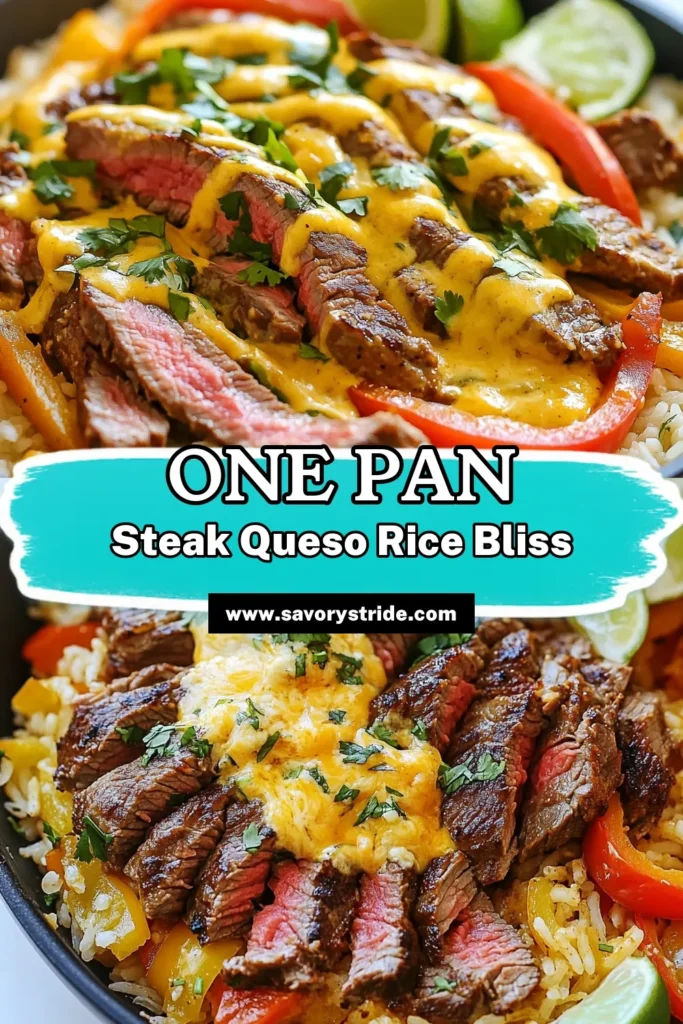 Elevate your dinner game with this sizzling steak queso rice! This one-pan steak recipe combines tender flank steak with fluffy rice, infused with flavorful spices, and topped with creamy queso dip for an easy queso dip meal the whole family will love. Perfect for busy nights, this beef and cheese skillet dish comes together in just 35 minutes. Try it tonight and enjoy a deliciously satisfying meal! #SteakQuesoRice #OnePanRecipes #EasyDinner #BeefAndCheese