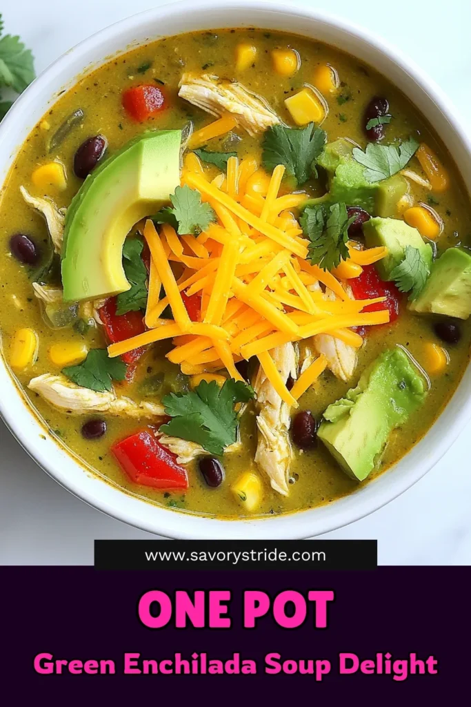 Looking for a comforting meal? Try this One-Pot Green Enchilada Chicken Soup! It's an easy chicken soup recipe packed with flavor and perfect for busy nights. This quick enchilada chicken soup combines tender chicken, zesty green enchilada sauce, black beans, and sweet corn in one pot. Top it off with melted cheddar cheese for a healthy one-pot soup that's sure to please. Save this recipe for a weeknight winner! #OnePotSoup #EasyChickenSoup #HealthyEating #SoupRecipes
