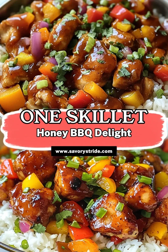 Discover the deliciousness of this Honey BBQ Chicken Skillet, a one-pan chicken and rice recipe perfect for a quick BBQ chicken dinner! This easy honey garlic chicken combines tender chicken thighs, vibrant bell peppers, and fluffy rice, creating a satisfying meal you can whip up in just 25 minutes. Perfect for busy weeknights, this skillet meal with rice is sure to be a family favorite! Try it today! #HoneyBBQChickenSkillet #EasyChickenRecipe #OnePanDinner #SkilletMeals
