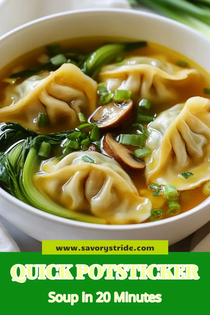 Try this quick potsticker soup recipe for a delicious and easy meal! Packed with frozen potstickers, savory bok choy, and mushrooms, this Asian soup recipe is perfect for a cozy night in. In just 20 minutes, you can enjoy a warm bowl of flavorful potsticker soup that the whole family will love. Don't miss out on this simple yet satisfying dish—save this recipe now! #PotstickerSoup #EasySoupRecipes #SavorySoup #AsianRecipes