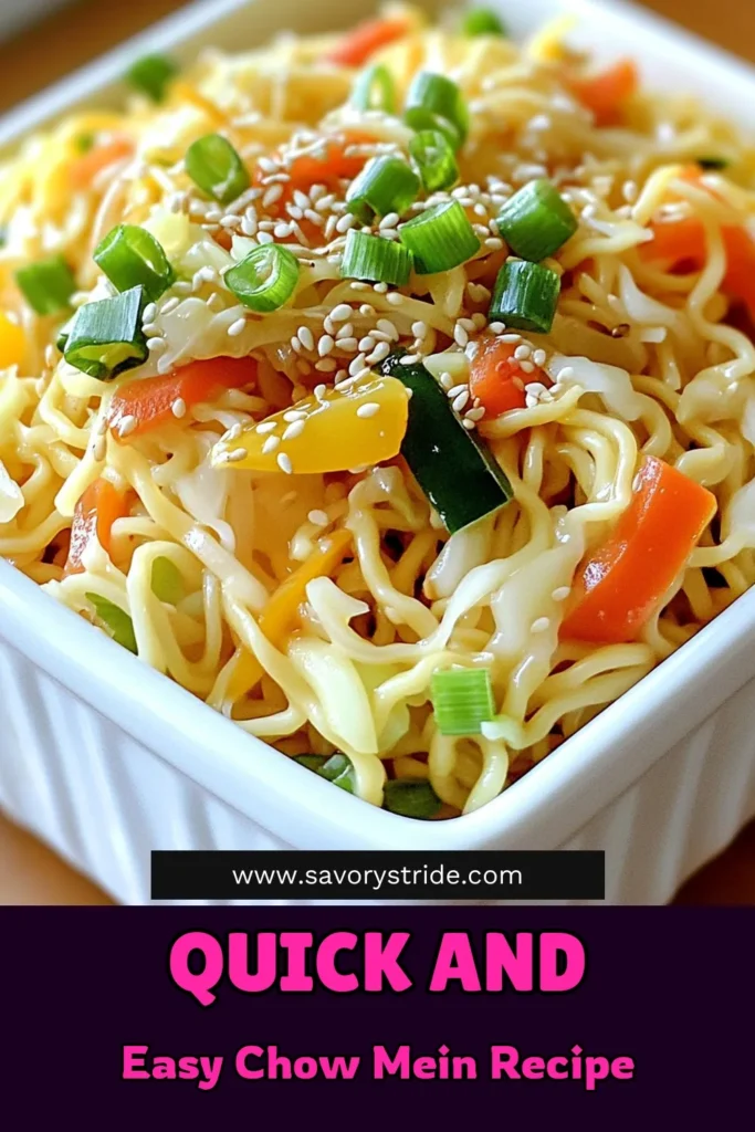 Whip up a delicious and easy Minute Chow Mein in just 20 minutes! This colorful dish features egg noodles tossed with fresh veggies like cabbage, carrots, and bell peppers, all brought together with savory soy sauce and a hint of garlic and ginger. Perfect for a quick weeknight meal, this recipe is as satisfying as it is simple. Click to explore the full recipe and bring this tasty treat to your table! #ChowMein #QuickRecipes #HealthyEating #NoodleLovers