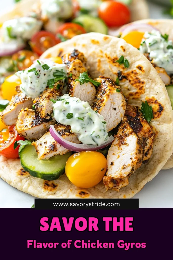 Discover the delightful world of easy chicken gyros with this simple chicken gyro recipe! Enjoy homemade gyros wrapped in whole wheat pita, perfectly seasoned and topped with a refreshing tzatziki sauce recipe. This meal is not only quick to make but also bursting with flavor. Perfect for a weeknight dinner or meal prep! Save this recipe for delicious, healthy chicken gyros any time. #ChickenGyros #TzatzikiSauce #HomemadeGyros #EasyDinnerIdeas