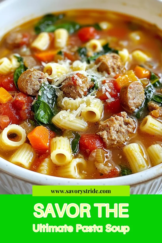 Warm up with our delicious Sausage Pasta Soup recipe! This easy pasta soup features Italian sausage, fresh spinach, and is simmered in chicken broth for a hearty meal. Perfect for busy weeknights, this Italian sausage soup is packed with flavor and can be on your table in just 30 minutes. Don’t miss out on this comforting dish—save this easy pasta soup recipe for your next family dinner! #SausagePastaSoup #ItalianSausageSoup #EasyPastaSoup #ChickenBrothSoup