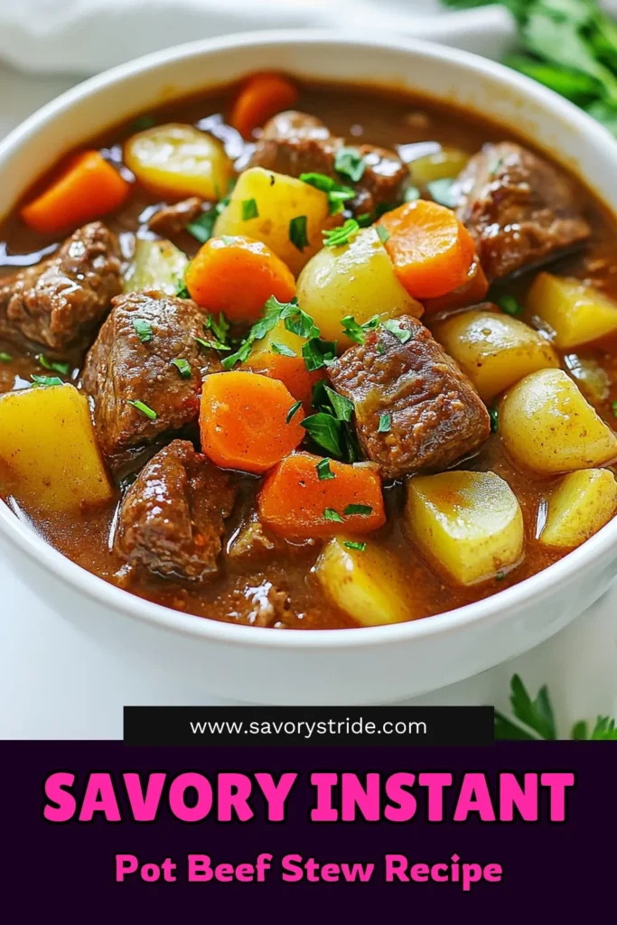 Discover the ultimate comfort food with this Instant Pot beef stew! This savory beef stew recipe combines tender beef, fresh vegetables, and rich seasonings for a hearty meal in no time. Perfect for busy weeknights, this easy beef stew Instant Pot recipe is a must-try! Don’t miss out on this delicious pressure cooker beef stew that will warm your soul. Save and enjoy! #InstantPotBeefStew #BeefStewRecipe #PressureCookerMeals #EasyRecipes