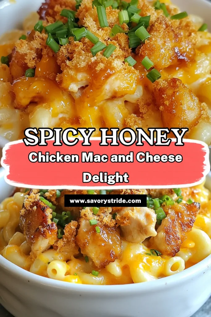 Satisfy your cravings with this delicious Spicy Honey Chicken Mac and Cheese! This creamy mac and cheese recipe combines tender sriracha chicken pasta for a flavorful twist. Perfect for family dinners, this easy chicken macaroni recipe is sure to impress. Try this baked mac and cheese with chicken today and delight everyone at your table! Save this recipe for later! #MacAndCheese #SpicyChicken #EasyRecipe #DinnerInspo