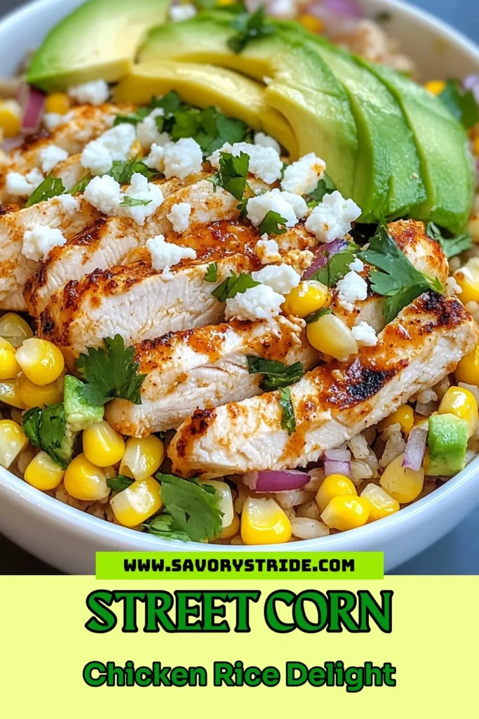 Try this delicious street corn chicken bowl for a delightful dinner! This chicken rice bowl recipe combines tender chicken, sweet corn, and a zesty lime dressing, making it a perfect corn and chicken dinner. Packed with flavors, it’s ideal for those seeking healthy rice bowl recipes or easy chicken and rice meals. Save it for your next meal prep! #StreetCornChickenBowl #HealthyRecipes #DinnerInspo #EasyMeals