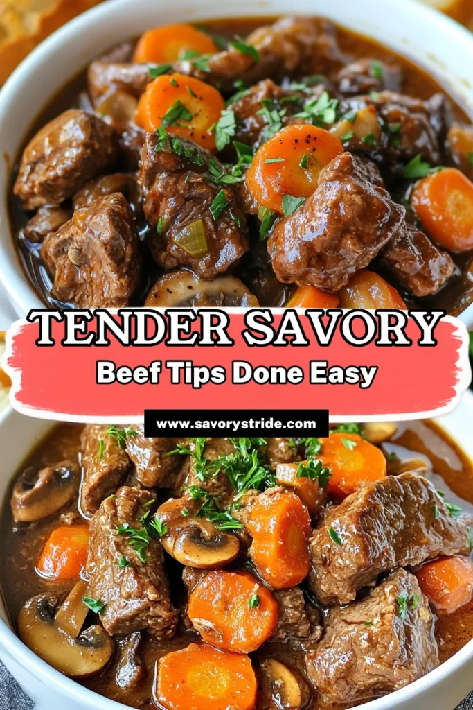 Discover how to make delicious slow cooker beef tips with this easy beef stew recipe! This savory beef dish features tender beef tips with mushrooms, hearty vegetables, and rich flavors that simmer all day. Perfect for family dinners, simply set it and forget it! Serve over rice or mashed potatoes for a comforting meal. Click to save this savory beef recipe and enjoy a cozy night in! #SlowCookerBeefTips #BeefTipsWithMushrooms #EasyBeefStew #HeartyBeefDish