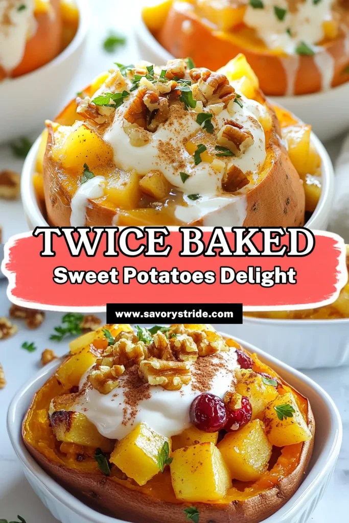 Discover the deliciousness of Cranberry Apple Twice Baked Sweet Potatoes! This twice baked sweet potatoes recipe combines sweet potatoes, fresh cranberries, and apples for a healthy sweet potato dish that's perfect for fall side dishes. Enjoy this vegan cranberry apple recipe as a standout addition to your holiday table. Save this recipe and impress your guests with a healthy treat! #TwiceBakedSweetPotatoes #HealthySweetPotatoDishes #FallRecipes #VeganCooking