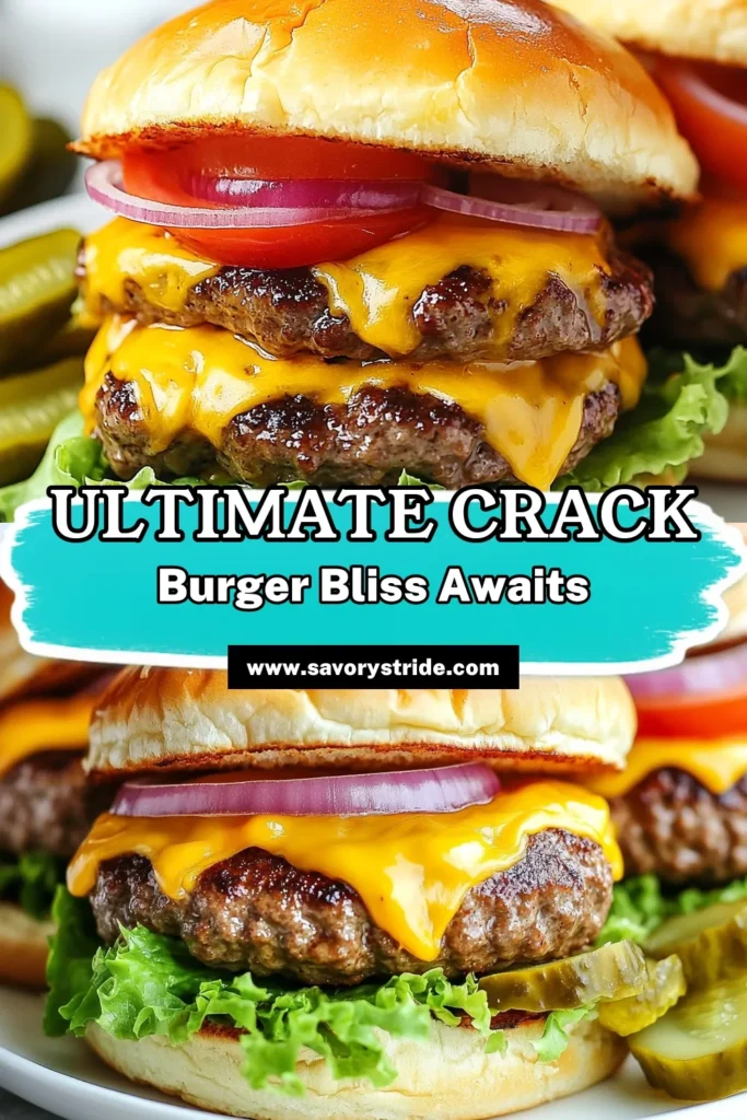Elevate your grilling game with these irresistible Crack Burgers Supreme! This juicy cheeseburger recipe features perfectly grilled burger patties seasoned to perfection. Discover homemade burger toppings like fresh lettuce, tomatoes, and zesty condiments that make each bite a flavor explosion. Follow these easy burger cooking tips to create the ultimate summer meal. Save this recipe and impress your friends today! #CrackBurgers #JuicyCheeseburgerRecipe #BurgerToppings #EasyCookingTips