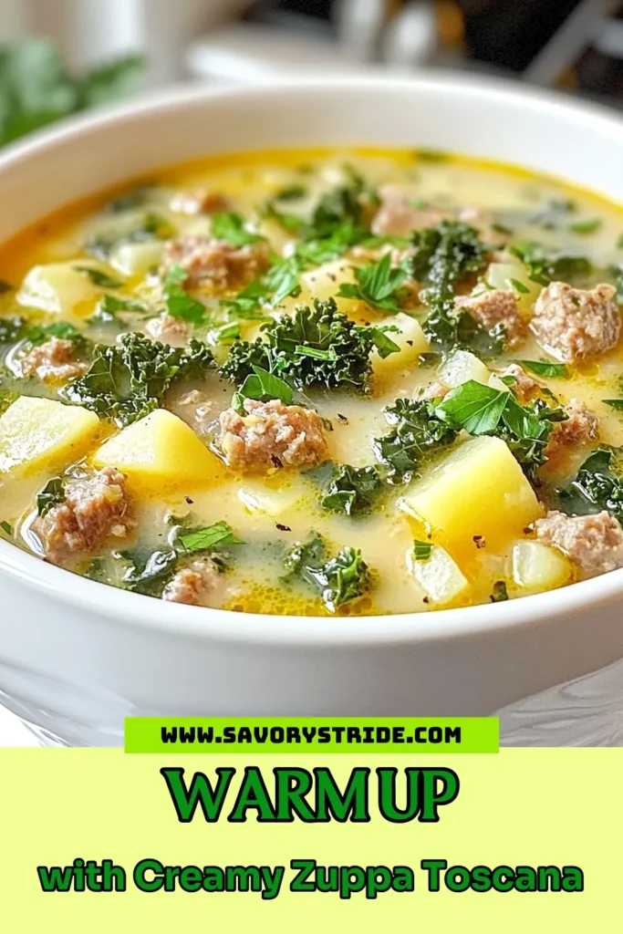Warm up with this delicious Zuppa Toscana recipe, featuring Italian sausage soup that's perfect for chilly nights. This creamy kale soup, packed with hearty potatoes, is a true comfort food! Easy to make and perfect for meal prep, this cozy dish serves 6-8. Try it with crusty bread for the ultimate experience. Save this recipe for your next family dinner! #ZuppaToscana #ItalianSausageSoup #CreamyKaleSoup #ComfortFoodRecipes