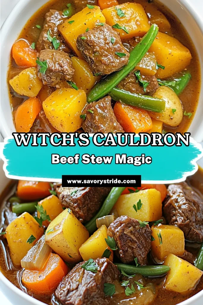 Warm up this fall with our delicious Witch's Cauldron Beef Stew! This hearty beef stew recipe combines tender beef chuck with fresh veggies, simmered to perfection in a slow-cooked beef stew that's sure to become a favorite. Perfect for cozy nights, this delicious meal will keep you coming back for more. Try it out today and let the flavors cast a spell on your taste buds! Save for later! #BeefStewRecipe #CozyFallRecipes #SlowCookedBeefStew #WitchsCauldronBeefStew