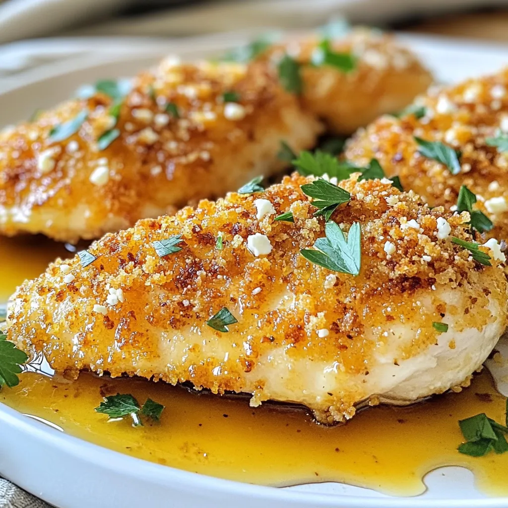 For this Crispy Hot Honey Feta Chicken, gather these key items: - 4 boneless, skinless chicken breasts - 1 cup breadcrumbs (panko or regular) - 1/2 cup grated feta cheese - 1/4 cup all-purpose flour - 2 large eggs, beaten - 2 tablespoons hot honey (or regular honey mixed with red pepper flakes) - 1 teaspoon smoked paprika - 1 teaspoon garlic powder - 1 teaspoon onion powder - Salt and pepper to taste - Olive oil for frying - Fresh parsley, chopped (for garnish) These ingredients work together to create a dish that is crispy, sweet, and savory. If you need to swap the feta cheese, try these options: - Goat cheese gives a similar creamy texture. - Cotija cheese adds a crumbly bite. - Ricotta cheese can work in a pinch, though it's softer. These alternatives can change the flavor but still keep the dish delicious. Want to elevate your chicken even more? Consider these add-ins: - Add crushed red pepper for extra heat. - Mix in some herbs like oregano or thyme. - Toss in some grated Parmesan for a richer taste. These small changes can make your dish even more exciting. Feel free to get creative! {{ingredient_image_1}} Start by preheating your oven to 400°F (200°C). This step is key. It helps the chicken cook evenly. Next, line a baking sheet with parchment paper. This makes clean-up easy. The paper keeps the chicken from sticking to the pan. Get three shallow dishes ready. In the first dish, add 1/4 cup of flour. In the second dish, beat 2 large eggs. In the third dish, mix 1 cup of breadcrumbs, 1/2 cup of grated feta cheese, 1 teaspoon of smoked paprika, 1 teaspoon of garlic powder, 1 teaspoon of onion powder, salt, and pepper. Take each chicken breast and coat it in the flour first. Shake off any extra flour. Next, dip it into the beaten eggs. Let the excess egg drip off. Finally, press the chicken into the breadcrumb mix. Make sure it is well coated on all sides. Heat a large skillet over medium heat. Add enough olive oil to cover the bottom. Once the oil is hot, add the coated chicken breasts. Cook each breast for about 4 to 5 minutes per side. You want them to be golden brown and crispy. After they are golden, transfer the chicken to the baking sheet. Drizzle each piece with hot honey. Bake in the oven for 10 to 15 minutes. Check that the internal temperature reaches 165°F (74°C). Let the chicken rest for a few minutes before serving. To get the best crispiness, use panko breadcrumbs. They provide a great crunch. Make sure to coat the chicken well. Press the breadcrumbs firmly onto the chicken. This helps them stick better during cooking. Frying in hot olive oil is key too. A medium heat allows for a nice golden crust. Preheat your oven to 400°F (200°C) for baking. This temperature helps the chicken cook evenly. Fry the chicken in a skillet over medium heat. Aim for about 4-5 minutes on each side. The chicken should be golden brown before baking. Always check that the internal temperature reaches 165°F (74°C) for safety. Garnishing makes your dish look special. I recommend using fresh parsley. Chop it finely and sprinkle it on top. You can also add lemon wedges for color. A drizzle of extra hot honey adds a nice touch too. This makes the dish pop and looks great on the table. Pro Tips Use Panko Breadcrumbs: For an extra crispy texture, opt for panko breadcrumbs instead of regular ones. Adjust the Heat: Customize the spiciness by using more or less hot honey, or experiment with different chili flakes. Rest the Chicken: Let the chicken rest for a few minutes after baking to keep it juicy and flavorful. Garnish Creatively: Add lemon wedges and extra feta to enhance presentation and flavor when serving. {{image_2}} You can swap chicken for tofu. Use firm or extra-firm tofu. First, press the tofu to remove excess water. Cut it into thick slices. Follow the same coating steps. Tofu absorbs flavors well. It will soak up the hot honey sauce. This makes a tasty vegetarian meal. You can change the spices to mix things up. Try adding cumin for warmth. If you like heat, add cayenne pepper. For a fresh taste, use dried oregano. Each spice adds a new twist. This keeps the recipe fun and exciting. Hot honey is great, but you can try other sauces. Mix honey with sriracha for a spicy kick. You could also use BBQ sauce for a smoky flavor. A balsamic glaze adds sweetness and tang. Each sauce creates a different experience. Experiment with what you like best! After enjoying your Crispy Hot Honey Feta Chicken, store leftovers in an airtight container. Make sure the chicken has cooled to room temperature first. This keeps it fresh for up to three days in the fridge. If you plan to eat it later, avoid stacking the chicken pieces to keep the coating crispy. To reheat, I suggest using an oven or an air fryer. Preheat your oven to 350°F (175°C). Place the chicken on a baking sheet and cover it loosely with foil. Heat for about 10-15 minutes. This will help keep the chicken crispy. If using an air fryer, set it to 350°F (175°C) and cook for about 5-7 minutes. Always check if it's heated through to 165°F (74°C). If you want to save some chicken for later, freezing is a great option. Wrap each piece tightly in plastic wrap, then place them in a freezer bag. Label the bag with the date. This can keep your chicken good for up to three months. When you’re ready to eat, thaw it in the fridge overnight before reheating. Hot honey is honey infused with heat from chili peppers. It gives a sweet and spicy kick to dishes. You can make hot honey at home by mixing honey with red pepper flakes. Use 2 tablespoons of honey and a pinch of red pepper flakes. Let it sit for a few hours to blend the flavors. This easy mix adds a fun twist to many recipes, including this chicken. Yes, you can use skin-on chicken for this recipe. The skin adds extra flavor and crunch. Just remember to adjust your cooking time. Skin-on chicken may take a bit longer to cook through. Make sure it reaches an internal temperature of 165°F (74°C) to ensure it's safe to eat. You can tell chicken is fully cooked by using a meat thermometer. Insert it into the thickest part of the chicken. It should read 165°F (74°C). If you don’t have a thermometer, cut into the chicken. The juices should run clear, and the meat should no longer be pink. Always make sure to check the chicken before serving. This article covered key ingredients, cooking steps, and tips for crispy chicken. I shared ideas for substitutions and enhancements, plus storage and reheating tips. You can make this dish your own with various flavors and textures. Remember, crispy chicken is all about seasoning and technique. Enjoy the process, and don't hesitate to experiment. Every meal is a chance to learn. Happy cooking!