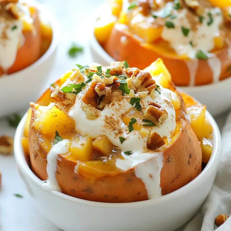 - 4 medium sweet potatoes - 1 cup fresh cranberries, chopped - 1 medium apple, peeled and diced - 1/4 cup maple syrup - 1/2 teaspoon cinnamon - 1/4 teaspoon nutmeg - 1/4 cup Greek yogurt (or a dairy-free alternative) - 1/8 cup walnuts, chopped (optional) - Salt and pepper to taste - Fresh parsley for garnish (optional) Using fresh ingredients really boosts the flavor. Sweet potatoes are at their best in fall and winter. Cranberries add a tart kick, perfect for the season. Apples also shine when they are fresh. I suggest using tart apples like Granny Smith for a great balance. You can mix things up! Try adding different nuts like pecans or almonds for crunch. Want more sweetness? Add more maple syrup to the filling. You can also swap Greek yogurt for sour cream or even a nut-based yogurt for a dairy-free option. Fresh herbs like thyme or rosemary can add a unique twist to the flavors, making your dish even more exciting. {{ingredient_image_1}} First, you need to bake the sweet potatoes. Preheat your oven to 400°F (200°C). Take four medium sweet potatoes and poke them with a fork. This helps steam escape. Place them on a baking sheet and bake for 45-60 minutes. They are done when they feel soft and a knife slides in easily. While the sweet potatoes bake, you can make the filling. In a small saucepan, combine one cup of chopped cranberries, one peeled and diced apple, and 1/4 cup of maple syrup. Add 1/2 teaspoon of cinnamon and 1/4 teaspoon of nutmeg for flavor. Cook this mixture on medium heat for about 8-10 minutes. The cranberries will burst, and the apples will soften. Once done, remove it from the heat and let it cool a bit. When the sweet potatoes are cool enough to handle, cut each one in half lengthwise. Scoop out the flesh into a mixing bowl, but keep some in the skin. Add the cranberry and apple mixture to the sweet potato flesh. Mix in 1/4 cup of Greek yogurt, and season with salt and pepper. You can add more maple syrup if you want it sweeter. Spoon this filling back into the sweet potato skins, making a nice mound. Return them to the oven and bake for another 15-20 minutes. If you want, sprinkle 1/8 cup of chopped walnuts on top during the last 5 minutes for crunch. After baking, let them cool slightly before serving. For the best texture, you want soft sweet potatoes. Bake them until they feel tender. I like to pierce them with a fork before baking. This helps steam escape and keeps the inside fluffy. After baking, let them cool a bit. This makes them easier to handle when scooping out the flesh. Running low on fresh cranberries? You can use dried cranberries instead. They add sweetness and flavor. If you want a different fruit, try pears or peaches. They pair well with sweet potatoes. For Greek yogurt, you can use sour cream or a nut-based yogurt for a dairy-free option. Maple syrup can be swapped with honey if you prefer. To make your dish look nice, use a clean serving plate. Place the sweet potatoes side by side. A sprinkle of fresh parsley adds a pop of color. If you like crunch, top with chopped walnuts. They also add a nice flavor contrast. You can serve them warm for best taste, making your meal inviting and tasty. Pro Tips Choose the Right Sweet Potatoes: Look for firm, smooth-skinned sweet potatoes. The smaller ones tend to be sweeter and have a creamier texture. Customize Your Filling: Feel free to add other ingredients like dried fruits, spices, or nuts to the filling for extra flavor and texture. Make Ahead: You can prepare the sweet potatoes and filling in advance. Simply bake the sweet potatoes, prepare the filling, and then stuff them just before baking for serving. Perfectly Toasted Walnuts: If using walnuts, toast them lightly in the oven or on the stovetop before adding for an enhanced flavor and crunch. {{image_2}} You can boost the flavor of your sweet potatoes. Try adding more spices. A pinch of ginger adds warmth. You can also use allspice for a deeper taste. If you like heat, add a dash of cayenne. These spices mix well with cranberry and apple. Feel free to change the toppings. Instead of walnuts, try pecans or almonds for crunch. You might use dried cranberries or raisins for sweetness. If you want a cheesy flavor, sprinkle some feta or goat cheese on top. These swaps can create new tastes. For a vegan option, swap Greek yogurt for coconut yogurt. This keeps it creamy without dairy. You can also use agave syrup instead of maple syrup. This change keeps the sweetness while being plant-based. Adjust your toppings to match your dietary needs. After enjoying your cranberry apple twice baked sweet potatoes, let them cool. Place leftovers in an airtight container. Store them in the fridge for up to three days. This keeps the flavors fresh and tasty. To reheat, preheat your oven to 350°F (175°C). Place the sweet potatoes on a baking sheet. Heat for about 15-20 minutes, or until warm. You can also microwave them. Just heat in a microwave-safe dish for about 2-3 minutes. Check if they're hot throughout before serving. If you want to freeze them, let the sweet potatoes cool completely. Wrap each one tightly in plastic wrap or foil. Place them in a freezer bag. They can last for up to three months in the freezer. When ready to eat, thaw in the fridge overnight and reheat as mentioned above. Yes, you can use frozen cranberries. They work well in this recipe. Just make sure to thaw them first. You might need to cook them a bit longer to get the right texture. Frozen cranberries may be softer than fresh ones, but they still taste great. You can replace Greek yogurt with sour cream or plain yogurt. If you want a dairy-free option, use coconut yogurt or almond yogurt. These substitutes give a creamy texture. Adjust the sweetness if needed, as some alternatives may be sweeter. Check sweet potatoes after 45 minutes by piercing them with a knife. If the knife goes in easily, they are done. If they feel firm, bake for another 5-10 minutes. Properly cooked sweet potatoes should be soft and tender throughout. You now have all the tools to make tasty twice-baked sweet potatoes. We covered the simple ingredients and how fresh choices can uplift your dish. You learned to prep the potatoes and make a delicious filling. I shared tips to get the best texture and ideas for serving. Plus, variations let you explore different flavors and diets. Enjoy your cooking, and don’t fear creativity. Try new things and have fun!