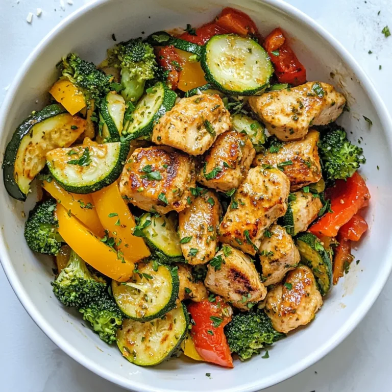 - 2 boneless, skinless chicken breasts - Olive oil - Fresh vegetables (zucchini, bell pepper, broccoli) - Italian seasoning - Smoked paprika - Garlic - Low-sodium chicken broth - Grated Parmesan cheese - Fresh parsley for garnish When making my High Protein Low Carb Chicken Skillet, I like to keep it simple and fresh. First, I grab two boneless, skinless chicken breasts. I always choose good-quality chicken for the best taste. Next, I reach for olive oil. It adds great flavor and helps cook the chicken perfectly. For my veggies, I use zucchini, bell pepper, and broccoli. These not only taste great, but they also pack a nutritious punch. I slice the zucchini, chop the bell pepper, and break the broccoli into florets. It’s colorful and makes the dish more appealing. To add flavor, I rely on Italian seasoning, smoked paprika, and garlic. The Italian seasoning gives it a nice herb taste. Smoked paprika adds a subtle smokiness that I adore. Fresh garlic gives it a warm and inviting aroma. If I want to boost the taste even more, I can use low-sodium chicken broth. It keeps the dish moist and adds depth. I sometimes sprinkle grated Parmesan cheese on top for a creamy finish. Finally, I like to garnish with fresh parsley. It makes the dish look bright and fresh. This ingredient list ensures you get a delicious and healthy meal that’s easy to prepare. Plus, it's a great way to enjoy a high-protein, low-carb dish. {{ingredient_image_1}} To start, heat one tablespoon of olive oil in a large skillet over medium-high heat. Once the oil is hot, add two diced boneless, skinless chicken breasts. Season the chicken with salt, pepper, one teaspoon of Italian seasoning, and half a teaspoon of smoked paprika. Cook the chicken for about 5-6 minutes. You want it to be cooked through and golden brown. Watch closely to avoid burning. After the chicken is ready, add two cloves of minced garlic to the skillet. Stir for one minute until you smell the garlic. Then, add one medium sliced zucchini, one diced bell pepper, and one cup of broccoli florets. Mix them well with the chicken. This blend will bring color and taste to your dish. Cover the skillet and turn the heat down to medium. Cook for about 5-7 minutes until the vegetables are tender. Next, pour in a quarter cup of low-sodium chicken broth. This adds flavor and keeps everything moist. If you like, sprinkle a quarter cup of grated Parmesan cheese over the top. Let it melt as you remove the skillet from heat. Finally, garnish with fresh parsley for a pop of color. This makes your dish look as good as it tastes! To get the best results, use a large skillet. This helps the chicken cook evenly. Make sure to heat the olive oil before adding the chicken. This keeps it from sticking. When cooking chicken, use medium-high heat. This gives you a nice golden color. When you add vegetables, lower the heat to medium. This prevents them from burning while cooking. Stir the skillet often for even cooking. You can make this dish your own by adding spices. Try adding cumin for warmth or paprika for a smoky flavor. Fresh herbs like basil or thyme add great taste. Adjust seasoning to fit your taste. If you like it spicy, add red pepper flakes. For a fresh twist, squeeze a lemon over the dish before serving. High protein and low carb meals help with weight control. They keep you full longer and help build muscle. Chicken is lean, while veggies add fiber and vitamins. Using fresh ingredients boosts flavor and nutrition. Fresh veggies also retain more nutrients than frozen ones. Eating fresh supports your health and the planet. Pro Tips Use a Meat Thermometer: Ensure your chicken is cooked to a safe internal temperature of 165°F (75°C) for perfect juiciness. Customize Your Veggies: Feel free to swap in your favorite low-carb vegetables like asparagus or spinach for added flavor and variety. Meal Prep Friendly: This dish is great for meal prep! Store leftovers in airtight containers for quick lunches throughout the week. Enhance with Herbs: Fresh herbs like basil or thyme can elevate the dish; add them just before serving for a burst of flavor. {{image_2}} You can swap chicken for turkey if you want a change. Turkey has similar protein and fewer carbs. Tofu is also a great choice for a plant-based option. It soaks up flavors well and works in this dish. If you love seafood, add shrimp for a tasty twist. Shrimp cooks quickly and brings a nice texture. Changing vegetables can alter the flavor profile. Try asparagus or green beans for crunch. You can also use spinach for a soft, tasty addition. Seasonal veggies like squash in summer or kale in winter keep the dish fresh. Mixing colors makes it visually appealing and healthy. If you need a gluten-free meal, skip any added sauces. The recipe is already low in carbs, so it's great for many diets. For dairy-free options, leave out the Parmesan cheese. You can use nutritional yeast for a cheesy flavor without dairy. Always adjust based on your dietary needs. To store leftovers, let the chicken skillet cool first. Place it in an airtight container. This keeps it fresh and tasty. You can store it in the fridge for up to 3 days. After that, it may lose flavor and texture. To freeze portions, divide the skillet into smaller containers. Make sure each container is freezer-safe. You can freeze it for up to 3 months. When you want to eat it, take it out of the freezer. Thaw it in the fridge overnight. For reheating, place it in a skillet over low heat. Stir until it heats through. You can also use a microwave for quick reheating. Making this dish ahead is great for meal planning. You can cook a big batch and store it in the fridge. Use clear containers so you can see what’s inside. Label each container with the date. This helps you keep track of freshness. You can grab a portion for lunch or dinner easily. This dish is packed with protein. Each serving offers about 30 grams of protein. This comes mainly from the chicken breasts. With just two chicken breasts, you get a hearty protein boost. The veggies add fiber but keep carbs low. Overall, this meal supports muscle health and keeps you full longer. You can make this dish fast! Prep time takes around 10 minutes. The total cooking time is about 15 minutes. So, from start to finish, you can enjoy this meal in just 25 minutes. This makes it great for busy weeknights or quick lunches. Yes, you can! This dish stores well in the fridge. Make it ahead and keep it in a sealed container. It stays fresh for about 3 days. For extra flavor, reheat it on the stove. You can also freeze portions for later. Just thaw overnight in the fridge before reheating. This blog post provided a simple and tasty chicken skillet recipe. You learned about key ingredients like chicken, fresh veggies, and spices. The step-by-step instructions made cooking easy, while tips helped enhance flavor. We explored variations and storage options, ensuring your meals can be flexible and convenient. As you enjoy this dish, remember that cooking can be fun and creative. Use fresh ingredients and adjust according to your taste. Happy cooking!