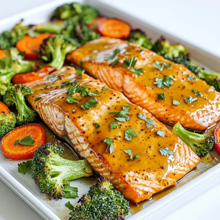 - 2 salmon fillets - 1/4 cup honey - 2 tablespoons Dijon mustard - 2 cups broccoli florets - 1 cup baby carrots, halved - 1 red bell pepper, sliced - 2 cloves garlic, minced - 3 tablespoons olive oil - Salt and pepper to taste - Fresh parsley, for garnish - Calories per serving: About 450 calories. - Macronutrients breakdown: - Protein: 30g - Carbs: 30g - Fats: 20g - Health benefits of included ingredients: - Salmon provides omega-3 fatty acids, which support heart health. - Broccoli is high in vitamins C and K, boosting immunity. - Carrots offer beta-carotene, which helps vision. - Honey adds natural sweetness and antioxidants. - Olive oil contains healthy fats that are good for skin. This combination makes for a meal that is not only tasty but also packed with nutrients. You’ll enjoy both the flavor and the health perks! 1. First, preheat your oven to 400°F (200°C). This helps the salmon cook evenly. 2. In a small bowl, mix together 1/4 cup of honey and 2 tablespoons of Dijon mustard. Whisk until smooth. Set this tasty sauce aside for later. 3. Take a large bowl and add 2 cups of broccoli florets, 1 cup of halved baby carrots, 1 sliced red bell pepper, and 2 minced cloves of garlic. These veggies will add color and flavor. 4. Drizzle 3 tablespoons of olive oil over the veggies. Sprinkle with salt and pepper. Toss everything well to coat the veggies evenly. 5. Line a baking sheet with parchment paper. This makes cleaning up easier. 6. Spread the seasoned veggies on one side of the baking sheet. This creates a bed for the salmon. 7. Place the 2 salmon fillets on the other side of the baking sheet. Use a brush to coat each fillet with the honey mustard mixture. 8. Bake everything in the preheated oven for 15 to 20 minutes. The salmon should flake easily, and the veggies should be tender. 9. Once done, take the baking sheet out of the oven. Let it rest for a few minutes. This helps the salmon stay juicy. 10. For garnish, sprinkle fresh parsley on top. 11. You can serve directly from the baking sheet. This gives a nice rustic look. Or, transfer to plates. Arrange the salmon next to a generous portion of roasted veggies. Drizzle any leftover honey mustard sauce on top for extra flavor. How to tell when salmon is cooked perfectly? You can check salmon by using a fork. Gently press the top and see if it flakes easily. The color should change from bright pink to a pale, opaque shade. If you have a food thermometer, aim for an internal temperature of 145°F (63°C). This ensures it is safe to eat and still juicy. Adjusting cooking time for different oven types Oven types can vary, so adjust cooking times as needed. If you have a convection oven, it cooks faster, so reduce the time by about 3-5 minutes. For older ovens, you may need a few extra minutes. Always keep an eye on your dish to avoid overcooking. Optional seasoning variations Feel free to mix things up! You can add a pinch of paprika or cayenne for a spicy kick. Fresh herbs like dill or thyme can also brighten the dish. If you enjoy a tangy flavor, try adding a splash of lemon juice or some zest. Suggested side dishes to pair with the meal This meal goes well with rice or quinoa for a filling option. A simple green salad with a light vinaigrette adds freshness. You could also serve it with crusty bread to soak up any extra honey mustard sauce. {{image_2}} You can easily switch up the veggies in this dish. Try green beans, zucchini, or asparagus. Each offers a new taste and texture. If you want more color, add yellow bell peppers or cherry tomatoes. You can also use any firm fish instead of salmon. Cod or halibut works well too. For the sauce, you can change the flavors. Try using maple syrup instead of honey for a deeper taste. You can also add a squeeze of lemon for a fresh twist. If you like heat, mix in a bit of sriracha or hot sauce. This will add some kick and excitement! If you need gluten-free options, this recipe is already safe. Just make sure your Dijon mustard is gluten-free. For dairy-free meals, there are no dairy ingredients in this dish. So, you’re all set! For lower calories, use less honey in the sauce. You can also reduce the amount of olive oil on the veggies. To boost fiber, add more veggies instead. This way, you keep it filling and healthy. To store your leftovers, let the dish cool first. Then, place the salmon and veggies in airtight containers. This keeps them fresh and tasty. I recommend glass containers, as they do not absorb odors. Store them in the fridge for up to three days. If you want to keep them longer, you can freeze them for up to three months. Just make sure to separate the salmon and veggies to avoid sogginess when thawed. For the best reheating, use the oven. Preheat it to 350°F (175°C). Place the salmon and veggies on a baking sheet. Bake for about 10-15 minutes, or until heated through. This method helps keep the salmon moist and the veggies crisp. You can also use a microwave. Just cover the dish with a damp paper towel. Heat in short bursts, checking often to avoid overcooking. Enjoy your meal just as delicious as the first time! Can I use frozen salmon for this recipe? Yes, you can use frozen salmon. Just make sure to thaw it completely before cooking. This will help it cook evenly and stay moist. You can thaw it overnight in the fridge or place it in a sealed bag and submerge it in cold water for a quick thaw. What other sauces pair well with salmon? Many sauces go well with salmon. A lemon butter sauce adds a nice zing. Teriyaki sauce gives a sweet touch. Garlic herb sauce can add depth of flavor. Each sauce can bring out different tastes in the fish. Is it possible to make this recipe in advance? You can prep the veggies and salmon in advance. Mix the honey mustard and coat the salmon. Store everything in the fridge for up to a day. When ready, just bake the dish as directed. This makes dinner easy on busy nights. What to do if the salmon is overcooked? If your salmon is overcooked, it may be dry. To help, you can serve it with a sauce or a squeeze of lemon. Adding a little broth or olive oil can also add moisture back into the fish. How to prevent vegetables from burning? To prevent veggies from burning, cut them into similar sizes for even cooking. You can also toss them in oil and seasonings to help. Keep an eye on them towards the end of baking. If they look browned, remove them from the oven. This post shared a simple recipe for honey mustard salmon and veggies. We covered each ingredient, cooking steps, and tasty tips. You learned about nutrition, flavor variations, and smart storage. This dish is not only easy but also healthy and flexible. You can switch ingredients based on what you like or need. Remember, cooking should be fun and creative! Enjoy making this meal, and impress your friends and family. Happy cooking!