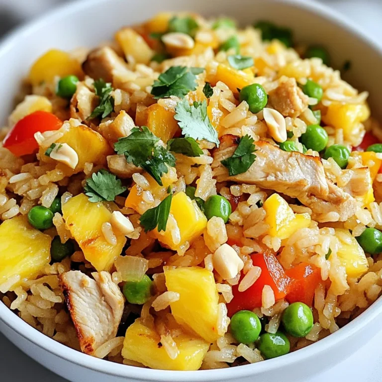 To make Pineapple Chicken Fried Rice, you need the following ingredients: - 2 cups cooked jasmine rice (preferably day-old) - 1 cup diced cooked chicken (grilled or rotisserie) - 1 cup fresh pineapple, diced - 1 cup mixed bell peppers, diced (red, yellow, green) - 1/2 cup peas (fresh or frozen) - 1/4 cup green onions, chopped - 2 garlic cloves, minced - 2 tablespoons soy sauce - 2 tablespoons sesame oil - 1 tablespoon vegetable oil - 1 teaspoon ginger, minced - Salt and pepper to taste - Optional: crushed peanuts and cilantro for garnish If you don’t have all the ingredients, don’t worry! Here are some easy swaps: - Use brown rice instead of jasmine for more fiber. - Swap chicken for shrimp or tofu for a different taste. - Pineapple can be replaced with mango for a twist. - Any frozen veggie mix can work if you lack fresh produce. - Use low-sodium soy sauce to cut down on salt. To ensure great taste, always choose fresh ingredients. Here are my tips: - Select pineapples that feel heavy and smell sweet. - Look for bell peppers that are firm and shiny. - Buy chicken that is pink and shows no signs of spoilage. - Fresh garlic should be firm and dry, not sprouting. - For green onions, choose those with bright green tops. These tips help you create a dish that is both tasty and healthy! {{ingredient_image_1}} Start with day-old jasmine rice. It is drier and helps avoid clumps. Chop all your veggies and chicken before cooking. This makes the process fast and easy. Use fresh pineapple for the best taste. If you want a crunch, add crushed peanuts at the end. 1. Heat the vegetable oil in a large skillet over medium-high heat. 2. Add minced garlic and ginger. Stir for about 30 seconds until you can smell their aroma. 3. Toss in the diced chicken. Cook for 2-3 minutes until it warms. 4. Add mixed bell peppers and peas. Stir-fry for 2-3 minutes until they soften. 5. Stir in fresh pineapple. Cook for 1 minute to blend the flavors. 6. Push the chicken and veggies to one side. Add cooked jasmine rice to the other side. 7. Pour soy sauce and sesame oil over the rice. Mix everything well so the rice is coated. 8. Add chopped green onions and season with salt and pepper. 9. Cook for another 2-3 minutes. This allows the rice to get a little crispy. 10. Remove from heat and transfer to a serving dish. Garnish your dish with crushed peanuts and cilantro for a bright finish. Serve in warm bowls to make it inviting. Enjoy your colorful and tasty meal! To make good fried rice, use day-old jasmine rice. Fresh rice is too wet. It clumps together and becomes mushy. If you must use fresh rice, let it cool down first. Spread it on a tray to dry. This helps the rice stay fluffy. Pineapple adds sweetness to the dish. To balance it, use soy sauce. The soy sauce adds saltiness. Sesame oil brings a nutty flavor. Ginger and garlic add warmth. Always taste as you cook. Adjust the salt and pepper to your liking. You can add crushed peanuts for crunch. Avoid using too much oil. This can make the dish greasy. Do not overcrowd the pan. If you do, the rice will steam instead of fry. Make sure to heat the pan well before adding the ingredients. Lastly, don’t skip the green onions. They add freshness and color. Pro Tips Use Day-Old Rice: Day-old jasmine rice is ideal for fried rice as it is drier and less sticky, allowing for better texture and separation of grains. Customize Your Veggies: Feel free to swap in any vegetables you have on hand, such as carrots, broccoli, or snap peas, for added flavor and nutrition. Control the Heat: Adjust the heat level by adding chili flakes or fresh chili peppers if you prefer a spicy kick in your fried rice. Garnish for Flavor: Enhance the dish with fresh herbs like cilantro or mint, and sprinkle crushed peanuts for an extra crunch and flavor boost. {{image_2}} You can make a vegetarian version of this dish. Start by leaving out the chicken. Use extra veggies instead. Great choices include mushrooms, zucchini, or carrots. You can add tofu for protein and texture. Just cube it and stir-fry it with the garlic and ginger. The fresh pineapple adds sweetness and a fun twist. This dish is still colorful and full of flavor! Want some heat? Add chili flakes or sliced fresh chili to the mix. You can sprinkle them in while cooking the garlic. This will give your fried rice a spicy kick. If you love heat, try adding sriracha or chili sauce. Mix it in with the soy sauce for an extra layer of flavor. The sweet pineapple balances the spice nicely. No chicken? No problem! You can swap chicken for shrimp or pork. Shrimp cooks quickly and pairs well with pineapple. Just make sure to adjust the cooking time so they don’t overcook. For a different touch, use cooked quinoa or chickpeas. Both add protein and fiber. These options keep the dish healthy and satisfying. To keep your Pineapple Chicken Fried Rice fresh, store it in an airtight container. Let it cool to room temperature before sealing. This helps avoid moisture build-up. Place the container in the fridge. It can stay fresh for up to four days. If you want to keep it longer, freeze it. Use a freezer-safe container for this. It can last up to three months in the freezer. When you’re ready to eat your leftovers, reheat them properly. For best results, use a skillet. Add a splash of water or oil to keep it moist. Heat over medium heat for about 5 to 7 minutes. Stir occasionally to warm it evenly. You can also use a microwave. Place the rice in a microwave-safe bowl. Cover it with a damp paper towel and heat for 2 to 3 minutes. Stir halfway through to ensure it warms all the way. Always check your leftovers before eating. If you see any mold or if it smells off, throw it away. If the rice has been in the fridge for more than four days, it’s time to discard it. For frozen rice, if it has freezer burn or feels dry, it’s best to toss it. Keeping food safe is important for your health. Yes, you can use fresh rice, but day-old rice works best. Day-old rice has dried out a bit. This helps it fry better and prevents clumping. Fresh rice may turn mushy when you cook it. If you must use fresh rice, spread it out on a tray to cool. Let it sit for at least 30 minutes to help dry it out. To make Pineapple Chicken Fried Rice gluten-free, use gluten-free soy sauce. You can find this in most grocery stores. Be sure to check the label to confirm it has no gluten. You can also use coconut aminos as a soy sauce substitute. This will keep the flavor while making it safe for those with gluten issues. Many sides pair well with Pineapple Chicken Fried Rice. Here are some great options: - Spring rolls: Crispy and filled with vegetables or shrimp. - Asian slaw: A crunchy salad with cabbage and carrots. - Edamame: These are healthy and fun to eat. - Miso soup: A warm, savory soup to start your meal. These sides will complement the flavors in the fried rice and create a balanced meal. This blog post covered key steps and tips for making delicious Pineapple Fried Rice. You learned about ingredient choices, how to prepare and cook rice, and ways to enhance flavors. We also explored tasty variations, storage tips, and answered common questions. Now, you have the knowledge to create your own tasty dish. Enjoy experimenting with ingredients and flavors. Have fun cooking and sharing your Pineapple Fried Rice with others!
