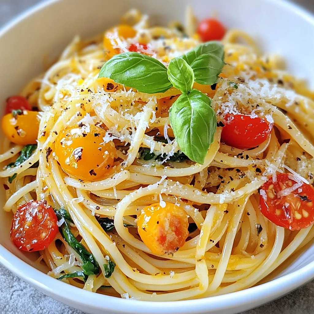 To make Gigi's Chili Oil Pasta, you need these main ingredients: - 250g spaghetti or linguine - 4 tablespoons chili oil - 3 cloves garlic, thinly sliced - 1 teaspoon red pepper flakes (adjust to taste) - 1 cup cherry tomatoes, halved - 1 cup baby spinach - 1/4 cup grated Parmesan cheese (plus extra for serving) - Salt and pepper to taste These ingredients come together to create a simple yet flavorful dish. The chili oil gives it a nice kick, while the garlic adds depth. You can use these optional garnishes to elevate your dish: - Fresh basil leaves - Extra grated Parmesan cheese These garnishes add freshness and a burst of flavor. They also make the dish look more appealing. If you need to swap some ingredients, here are a few ideas: - Use olive oil instead of chili oil for a milder flavor. - Any short pasta can work if you don't have spaghetti or linguine. - For a dairy-free option, try nutritional yeast in place of Parmesan. These substitutions keep the dish tasty while allowing you to adapt based on what you have. {{ingredient_image_1}} First, bring a large pot of water to a boil. Add salt to the water. This step adds flavor to the pasta. Next, add 250g of spaghetti or linguine. Cook it according to the package directions until it is al dente. This usually takes about 8 to 10 minutes. Remember to stir the pasta occasionally. Once done, reserve 1 cup of pasta water. Drain the pasta in a colander. Now, grab a large skillet. Heat 4 tablespoons of chili oil over medium heat. Once the oil is hot, add 3 cloves of thinly sliced garlic. Sauté for about 2 to 3 minutes. You want the garlic to be fragrant and lightly golden. Do not let it burn. Next, sprinkle in 1 teaspoon of red pepper flakes. Stir for another 30 seconds to mix the flavors. Then, toss in 1 cup of halved cherry tomatoes. Cook for 2 to 3 minutes until they soften. Add the drained pasta to the skillet. Toss it gently to coat it with the chili oil sauce. If it seems dry, pour in some of the reserved pasta water. Now, stir in 1 cup of baby spinach. Cook for another 1 to 2 minutes until the spinach wilts. Season the dish with salt and pepper to your taste. Finally, remove the skillet from heat and stir in 1/4 cup of grated Parmesan cheese. Mix well to spread the cheese evenly. Serve hot and garnish with fresh basil leaves and more Parmesan cheese. Enjoy your delicious meal! To cook pasta just right, start with a big pot of water. Use about 4 quarts for every pound of pasta. Bring it to a rolling boil. Add a good pinch of salt. This adds flavor. Add your spaghetti or linguine. Cook it for the time listed on the package. Aim for al dente. This means the pasta should be firm but not hard. Before draining, save one cup of pasta water. This water helps to make the sauce creamy. Gigi's Chili Oil Pasta is all about spice. Start with 1 teaspoon of red pepper flakes. If you want more heat, feel free to add more. Mix in the chili oil gently. Taste as you go. You can also use less chili oil if you want it mild. Remember, you can always add spice, but you can't take it away! Garlic is key in this dish. Slice it thin and sauté it until golden. This brings out the sweet and nutty flavors. Fresh herbs make a difference too. Add fresh basil leaves right before serving. It brightens the dish and adds freshness. You can also use parsley if you like. For an extra kick, drizzle more chili oil on top before serving. Enjoy your flavorful meal! Pro Tips Use High-Quality Chili Oil: The flavor of your dish will greatly depend on the quality of the chili oil you use. Opt for artisanal or homemade chili oil for the best taste. Fresh Garlic is Key: Always use fresh garlic for the best flavor. Avoid pre-minced garlic as it can lose its pungency and aroma. Adjust Spice Level: Customize the heat level by adjusting the amount of red pepper flakes. Start with a small amount and add more as needed to suit your taste. Reserve Pasta Water: Don't forget to reserve some pasta water before draining. This starchy water helps to create a silky sauce that clings to the pasta. {{image_2}} You can add protein to Gigi's Chili Oil Pasta in many ways. Cooked shrimp or chicken pairs well with the spicy sauce. For shrimp, sauté them in the chili oil until pink. If using chicken, grill or pan-sear it before adding. You can also use canned tuna for a quick fix. Just mix it in with the pasta. Each protein will add a unique taste and texture. To make this dish vegetarian, skip the Parmesan cheese. Use a plant-based cheese or nutritional yeast instead. For a vegan option, replace the cheese and make sure your chili oil contains no animal products. You can also add more vegetables, like bell peppers or zucchini. This will keep the dish hearty and filling without any meat. Swap ingredients based on the season for fresh flavors. In spring, try adding asparagus or peas. Summer is great for fresh corn or zucchini. In fall, butternut squash or pumpkin can add warmth. Winter calls for kale or Brussels sprouts, which add a nice crunch. These swaps keep the dish exciting all year round. To keep Gigi's Chili Oil Pasta fresh, store it in an airtight container. Let the pasta cool to room temperature first. Once cooled, place the pasta in the container. Seal it tightly and refrigerate. It will stay good for up to three days. If you want to enjoy it later, make sure to separate the sauce and the pasta. This way, the pasta won't get soggy. When you're ready to eat the leftovers, reheat them gently. You can use a skillet over low heat. Add a splash of water or a little more chili oil to keep it moist. Stir the pasta often to heat it evenly. You can also use a microwave. Just cover it and heat in short bursts. Stir between each burst until it’s hot. If you want to freeze Gigi's Chili Oil Pasta, follow these steps. Cool the pasta completely and store it in freezer-safe bags. Remove as much air as you can before sealing. The pasta can last up to three months in the freezer. To eat, thaw it overnight in the fridge. Reheat it on the stove for the best taste. You can use spaghetti or linguine for Gigi's Chili Oil Pasta. Both types work well because they hold sauce nicely. Spaghetti has a classic twist, while linguine offers a flat surface for extra flavor. If you want a different shape, feel free to try fettuccine or bucatini. Just keep in mind the cooking time may change slightly. Yes, you can make Gigi's Chili Oil Pasta ahead of time. Cook the pasta and sauce separately. Store them in airtight containers in the fridge. When you're ready to eat, reheat the pasta and sauce together. You may need to add a splash of water or oil to bring moisture back. This dish tastes great even after being stored! To adjust the recipe for larger servings, simply double or triple the ingredients. Use 500g of pasta for four servings or 750g for six. Keep the same ratios for chili oil, garlic, tomatoes, and spinach. Just remember to use a larger skillet for cooking. This way, everything mixes well and stays flavorful. You now know how to make Gigi's Chili Oil Pasta. We covered the main ingredients, cooking steps, and tips for success. I shared ways to add proteins and modify the dish for different diets. Proper storage and reheating tips help keep your pasta fresh. When you try this recipe, feel free to experiment with flavors. Enjoy your cooking and impress everyone with this tasty dish. Your kitchen will smell amazing, and your taste buds will thank you.