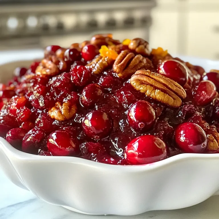 When making whole berry cranberry sauce with pecans, you need fresh and simple ingredients. Here’s what you need: - 12 oz fresh cranberries - 1 cup water - 1 cup sugar - 1/2 teaspoon vanilla extract - 1/2 teaspoon ground cinnamon - 1/4 cup orange juice - Pinch of salt - 1/2 cup pecans, chopped Each ingredient plays a role in creating a balance of flavors. The cranberries give a tart kick. Sugar adds sweetness, while the orange juice brightens it up. The cinnamon brings warmth, and the pecans add a nice crunch. You can easily find these ingredients at your local grocery store. The fresh cranberries create a vibrant color. Using whole berries makes the sauce feel festive, especially for holidays. The pecans not only enhance the taste but also add texture. This dish is a delightful treat that pairs well with many meals. Feel free to adjust the sugar or spices based on your taste. This recipe is flexible and welcoming to your personal touch. Enjoy the process of gathering these ingredients and preparing a dish that brings joy to your table. {{ingredient_image_1}} - Step 1: Combine cranberries and water Start by taking a medium saucepan. Place 12 ounces of fresh cranberries in it. Add 1 cup of water. This step sets the base for your sauce. - Step 2: Boil and simmer the mixture Turn the heat to medium-high. Bring the mixture to a boil. Once it boils, lower the heat. Let it simmer. Stir the mixture occasionally. This helps the cranberries burst and release their flavor. - Step 3: Add sugar and flavorings After about 5 minutes of simmering, add 1 cup of sugar. Then, include 1/2 teaspoon of vanilla extract and 1/2 teaspoon of ground cinnamon. Add a pinch of salt, too. Stir it all well. This step enhances the taste of your sauce. - Step 4: Cool and incorporate pecans Simmer the sauce for about 10-15 minutes. You will see the cranberries burst. Once thickened, remove the saucepan from heat. Let it cool for 5-10 minutes. Then, stir in 1/2 cup of chopped pecans and 1/4 cup of orange juice. This adds a nice crunch and a zesty flavor. - Total cooking time: 30 minutes - Breakdown: - Prep time: 10 minutes - Cooking duration: 20 minutes To get the right thickness for your cranberry sauce, simmer it for 10 to 15 minutes. This time allows the cranberries to burst and release their juices. Stir the mixture as it simmers. This helps the sugar dissolve fully. If the sugar does not dissolve, your sauce may turn out grainy. A smooth sauce is key for the best texture. To make your sauce pop, you can add spices. A pinch of nutmeg or a dash of allspice works wonders. You can also grate some orange or lemon zest for a fresh twist. Adjust the sweetness by tasting the sauce as you go. If it’s too sweet, add a little more orange juice. Remember, the flavors will blend as the sauce cools. Pro Tips Use Fresh Cranberries: Opt for fresh cranberries for the best flavor and texture. Frozen cranberries can work, but they may alter the consistency of the sauce. Adjust Sweetness: Feel free to adjust the sugar amount based on your taste preferences. Depending on the tartness of the cranberries, you might want more or less sugar. Toast the Pecans: For added depth of flavor, toast the chopped pecans in a dry skillet for a few minutes before adding them to the sauce. Make Ahead: This sauce can be made a day in advance. Store it in the refrigerator to let the flavors meld together even more! {{image_2}} You can switch pecans for other nuts. Walnuts work well with their rich flavor. They add a nice crunch too. Almonds are great if you want a milder taste. Slice them or chop them for best results. Add some fun to your sauce with different flavors. Try orange juice or lemon juice for a fresh twist. Citrus juices brighten the taste and make it zesty. You can also play with spices. Nutmeg adds warmth, while ginger gives a spicy kick. Just a pinch can make a big difference. Need to make it sugar-free? Use a sugar substitute like stevia or erythritol. This keeps the sauce sweet without the sugar. If you have nut allergies, swap nuts with sunflower seeds or pumpkin seeds. These seeds still give a nice crunch and flavor. To keep your cranberry sauce fresh, store it in a clean, airtight container. This method helps keep moisture out and preserves flavor. Place it in the fridge. It will stay good for about two weeks. If you want to save it for longer, freeze it. Use freezer-safe bags or containers for this. Make sure to leave some space for the sauce to expand. For the best taste, eat your sauce within two weeks when stored in the fridge. If frozen, it can last up to six months. Always check for signs of spoilage. If you see mold or notice an off smell, throw it away. A change in color may also mean it's time to discard the sauce. Can I use frozen cranberries? Yes, you can use frozen cranberries. They will work just fine. Just remember to thaw them first. This helps them cook evenly in the sauce. How do I make this sauce less sweet? To make the sauce less sweet, reduce the sugar. You can start with 3/4 cup instead of 1 cup. You can also add more orange juice for a zesty flavor. What dishes pair well with cranberry sauce? Cranberry sauce pairs well with turkey and ham. It also goes great with roast chicken or pork. You can even serve it with cheese and crackers for a snack. Can I prepare this sauce in advance? Yes, you can prepare this sauce ahead of time. Make it a day or two before your meal. Just store it in the fridge until you are ready to serve. Is it safe to can homemade cranberry sauce? Canning homemade cranberry sauce is possible, but it requires special care. You should follow safe canning practices. This ensures your sauce stays safe to eat later. You learned how to make a tasty cranberry sauce with simple steps. The right mix of ingredients gives you a flavorful dish. By using different nuts or spices, you can make it your own. Storing it well ensures it lasts. Always check for freshness. Enjoy this sauce with your meals and get creative! Your kitchen will become a fun place with this easy recipe.