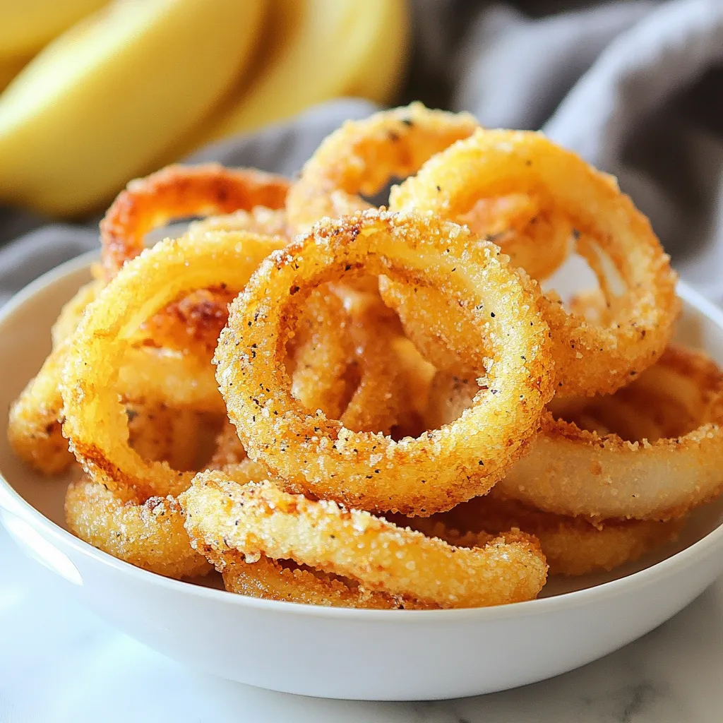 To make air fryer crispy onions, you need the following ingredients: - 2 large onions, thinly sliced - 1 cup all-purpose flour - 1 teaspoon garlic powder - 1 teaspoon onion powder - 1/2 teaspoon cayenne pepper (optional) - Salt and pepper to taste - 1 cup buttermilk (or plant-based milk for a vegan option) - Cooking spray or olive oil for misting These ingredients are simple and easy to find. The onions give a great base flavor. The flour and spices help create a nice crispy coating. The buttermilk adds moisture, which helps the flour stick. If you want a bit of heat, the cayenne pepper is a great touch. You can skip it if you prefer a milder flavor. Gather these items before you start cooking. Having everything ready makes the process smooth and fun. You can make these crispy onions for snacks, toppings, or sides. {{ingredient_image_1}} First, thinly slice the onions. I recommend using a sharp knife for clean cuts. Aim for even rings to ensure they cook well. After slicing, soak the onions in buttermilk for about 10-15 minutes. This step helps the coating stick to the onions. If you prefer, you can use plant-based milk for a vegan option. Next, combine the flour with seasonings in a large bowl. Use 1 cup of all-purpose flour, 1 teaspoon of garlic powder, 1 teaspoon of onion powder, and optional cayenne pepper. Add salt and pepper to taste. Mix everything well to blend the spices evenly. After mixing, take the soaked onions and dredge them in the flour mixture. Make sure each slice is well-coated. Shake off any extra flour before placing them on a plate. Now, it's time to air fry. Preheat your air fryer to 375°F (190°C). Once it's ready, lightly mist the basket with cooking spray or olive oil. Arrange the coated onion slices in a single layer. Avoid overcrowding the basket, as this helps them cook better. You may need to do this in batches. Air fry the onions for 10-12 minutes, shaking the basket halfway through. This ensures an even cook. They should turn golden brown and be crispy. After cooking, carefully remove the onions and let them cool on a paper towel to absorb excess oil. Repeat with any remaining onion slices. Enjoy your crunchy treat! To get crispy onions, start with good flour coating techniques. After soaking, gently shake off excess buttermilk. Then, coat each slice well in the flour mix. Make sure every piece gets flour. This helps them crisp up nicely in the air fryer. Soaking the onions is very important. It makes the flour stick better. Soak them for 10-15 minutes in buttermilk. This step adds flavor and moisture. It also helps the coating stay on during cooking. Avoid overcrowding the air fryer basket. If you pack it too tightly, the onions won’t cook evenly. Cook in batches if needed. Each slice needs space to get hot air around it. Check for doneness halfway through cooking. Give the basket a shake to toss the onions. This ensures they brown evenly. You want them golden brown and crispy. Adjusting seasoning can take your crispy onions to the next level. Add spices like smoked paprika or more garlic powder for extra flavor. You can also try adding a bit of cheese to the flour mix for a unique taste. Consider using fresh herbs in the coating. Chopped parsley or chives can add a fresh kick. Play around and find what you love best. The goal is to make these onions your own! Pro Tips Slice Evenly: Ensure that the onion slices are cut to a uniform thickness for even cooking and crispiness. Soaking Time: Allowing the onions to soak in buttermilk for 10-15 minutes helps the flour adhere better, resulting in a crunchier texture. Don’t Overcrowd: When air frying, make sure to arrange the onions in a single layer to allow for proper circulation of hot air, ensuring they become crispy. Shake for Even Cooking: Shake the air fryer basket halfway through cooking to promote even browning and prevent any slices from steaming. {{image_2}} You can easily make this recipe vegan. Just swap the buttermilk for plant-based milk. Almond, soy, or oat milk work great. This small change keeps your crispy onions tasty and plant-friendly. Want to mix things up? You can add different spices to the flour mix. Smoked paprika gives a nice, smoky flavor. For a cheesy touch, try adding grated vegan cheese or spices like dill or thyme. These will bring a new twist to your crispy onions. Crispy onions are super versatile. You can use them as a topping for burgers or salads. They also add crunch to soups or casseroles. If you want a quick snack, just enjoy them on their own! They pair well with dips like ranch or spicy mayo. To keep your crispy onions fresh, store them in the refrigerator. Place them in an airtight container. This keeps out moisture and helps them stay crunchy. Glass or plastic containers work well for this. You can also use a zip-top bag, but make sure to squeeze out the air. If you want to enjoy crispy onions later, freezing is a great option. First, let them cool completely. Then, spread them on a baking sheet in a single layer. Freeze for about an hour. Once frozen, transfer them to a freezer-safe bag or container. This helps prevent clumping. When you're ready to eat, reheat them in the air fryer at 350°F (175°C) for about 5-7 minutes. This will bring back their crunch. Crispy onions can last in the fridge for about 3 to 5 days. Keep an eye out for any signs of spoilage. If they become soft or have an off smell, it’s best to discard them. Proper storage helps keep them tasty and safe to eat. To make air fryer crispy onions, follow these key steps: 1. Slice Onions: Thinly cut two large onions into rings. 2. Prepare Coating: In a bowl, mix one cup of flour, one teaspoon of garlic powder, one teaspoon of onion powder, cayenne (if desired), salt, and pepper. 3. Soak Onions: Submerge sliced onions in one cup of buttermilk for 10-15 minutes. 4. Coat Onions: Remove onions from buttermilk, let excess drip, and dredge in the flour mix. 5. Preheat Air Fryer: Set your air fryer to 375°F (190°C). 6. Cook Onions: Mist the basket with oil, place onions in a single layer, and air fry for 10-12 minutes, shaking halfway. 7. Cool and Serve: Remove onions and cool on paper towels before serving. These steps will help you achieve golden, crispy onions that are great as a topping or snack. Skipping the soaking step is not recommended. Soaking onions in buttermilk helps the flour stick better. Without this step, the coating may not adhere as well. This can lead to less crispiness and flavor in your final dish. Soaking allows the spices to soak into the onions, making them taste better and crunchier. You can use alternative soaking liquids if you want to skip buttermilk. Try these options: - Plant-Based Milk: Almond milk or soy milk works well for a vegan option. - Water with Vinegar: Mix water with a splash of vinegar for a tangy soak. - Broth: Vegetable or chicken broth can add a nice flavor too. These alternatives provide moisture to help the flour stick and keep the onions tasty. Crispy onions are easy to make in your air fryer. We covered the key steps: preparing and soaking the onions, coating them well, and air frying to perfection. I shared tips to ensure crispiness and ways to add your favorite flavors. Whether you want vegan options or storage advice, this guide has you covered. Enjoy your crispy onions as a tasty addition to many dishes. With these tips, you can make delicious crispy onions at home!