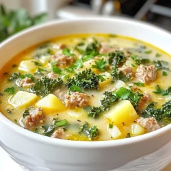 - 1 tablespoon olive oil - 1 medium onion, chopped - 3 cloves garlic, minced - 4 cups chicken broth - 1 pound Italian sausage (mild or spicy, based on preference) - 4 medium potatoes, diced (Yukon Gold or red potatoes work well) - 1 cup kale, chopped (or spinach) - 1 cup heavy cream (or coconut milk for a lighter version) - 1 teaspoon Italian seasoning - Salt and pepper to taste - Red pepper flakes (optional, for added spice) - Fresh parsley, chopped (for garnish) Gathering the right ingredients makes a big difference. I like to use fresh, high-quality items. This ensures the best taste for my cozy Zuppa Toscana soup. Olive oil is my base. It adds rich flavor and helps with cooking. I always choose a medium onion for sweetness. Garlic gives it that lovely aroma. Next are the stars of the soup—the Italian sausage and chicken broth. The sausage brings a bold taste. I prefer mild sausage for a balanced flavor. Yukon Gold potatoes work well because they are creamy. Kale adds a nice texture and color. Heavy cream makes the soup rich and smooth, but coconut milk is a lighter option. Seasoning is key for flavor. I use Italian seasoning, salt, and pepper to enhance the taste. Red pepper flakes are optional if you want some heat. Finally, fresh parsley brightens the dish and adds a pop of color. With these ingredients, you’ll create a warm and inviting soup that everyone will love. {{ingredient_image_1}} Start by heating olive oil in a large pot over medium heat. Add the chopped onion. Sauté until it turns translucent, which takes about 5 minutes. This step builds a great base flavor. Next, add the minced garlic and cook for another minute. This will enhance the aroma and flavor of your soup. Now, add the Italian sausage to the pot. Use a spatula to break it apart as it cooks. Brown the sausage evenly, which takes about 5 to 7 minutes. Make sure there are no pink spots left. This step adds richness to the soup. Pour in the chicken broth and bring it to a gentle simmer. Then, add the diced potatoes and Italian seasoning. Cover the pot and let it cook for about 15 to 20 minutes. You want the potatoes to become tender. This step ensures you get a hearty texture. Once the potatoes are soft, lower the heat. Stir in the chopped kale or spinach and heavy cream. Allow it to cook for another 5 minutes until the greens wilt. This adds color and nutrition to your soup. Now it’s time to taste your soup. Adjust the seasoning with salt, pepper, and red pepper flakes if you want a bit of spice. This step can make all the difference in flavor. Remove the pot from heat. Ladle the soup into bowls and garnish with freshly chopped parsley. This adds a nice pop of color. For a beautiful presentation, serve with crusty bread or a sprinkle of Parmesan cheese on top. Enjoy your cozy meal! When you make Cozy Zuppa Toscana, pick the right sausage. You can choose between mild or spicy Italian sausage. If you like heat, go spicy! For a milder flavor, stick to the mild kind. This choice shapes the soup's taste. Next, choose the right potatoes. Yukon Gold or red potatoes work best. They hold their shape well and add a creamy texture to the soup. Avoid starchy potatoes like Russets, as they can turn mushy in the soup. To get the best flavor, focus on sautéing the onions and garlic. Heat olive oil over medium heat. Add chopped onions first and cook until they turn translucent. This takes about five minutes. Then, add the minced garlic. Cook it for just one more minute. This method enhances the soup's aroma and depth. Simmering is key for flavor. Once you add the chicken broth and potatoes, let it simmer. This process helps the flavors blend and grow richer. Cover the pot and let it cook for about 15-20 minutes. The longer it simmers, the better it tastes! If you're looking to make the soup lighter, swap heavy cream for coconut milk. This change keeps the soup creamy but cuts down on calories. You can also make it dairy-free! Just use coconut milk instead of cream. For greens, feel free to mix it up. If kale is not in season, you can use spinach or Swiss chard. Both options taste great and add nutrients to the dish. Choose what’s fresh and available for the best flavor! Pro Tips Use Fresh Ingredients: Fresh onions, garlic, and greens significantly enhance the flavor of your soup. Opt for seasonal produce whenever possible. Adjusting Creaminess: If you prefer a lighter soup, substitute heavy cream with coconut milk or use half-and-half for a balanced richness. Add a Flavor Boost: For an extra layer of flavor, consider adding a splash of white wine after sautéing the onions and garlic before adding the sausage. Make it Ahead: This soup tastes even better the next day! Make it ahead of time and store it in the fridge to let the flavors meld. {{image_2}} You can switch up the sausage in Zuppa Toscana. Chicken sausage gives a lighter taste. If you prefer plant-based options, use a good veggie sausage. Each choice brings its own unique flavor. You can also play with herbs and spices. Try fresh basil or oregano to add depth. A sprinkle of rosemary can bring warmth to the soup. Each variation makes the dish feel new. Want to make Zuppa Toscana lighter? Swap heavy cream for coconut milk. Coconut milk adds creaminess with fewer calories. You can also add more veggies. Carrots and celery work well in this soup. They add sweetness and nutrients. Don’t be afraid to experiment! Use whatever veggies you have at home. This will make your soup even more colorful and tasty. Pair your Zuppa Toscana with crusty bread. Garlic bread is a great choice for dipping. You can also try sourdough for a tangy twist. For a fun touch, serve the soup in rustic bowls. Mason jars or large mugs can add charm. A sprinkle of Parmesan cheese on top makes it special. Each of these ideas enhances your dining experience. Enjoy your cozy meal! To keep your Zuppa Toscana fresh, store it in an airtight container. Wait until the soup cools before sealing it. This helps avoid condensation and keeps the soup tasty. Glass or plastic containers work well. Make sure they are clean and dry before use. You can quickly reheat Zuppa Toscana on the stovetop or in the microwave. If using the stovetop, pour the soup into a pot. Heat it over medium heat, stirring often. For the microwave, use a microwave-safe bowl. Heat in short bursts, stirring between each, to warm evenly. Avoid overcooking, as it can change the texture of the soup and make it less creamy. Zuppa Toscana stays good in the fridge for about three to four days. If you want to keep it longer, freeze it. In the freezer, it can last for up to three months. Always check for signs of spoilage before eating. Look for off smells, changes in color, or any mold. If you see any of these, it's best to throw it out. If you want to swap kale, you can use spinach or Swiss chard. Both options work well. They bring great flavor and texture to the soup. Spinach cooks down quickly, while Swiss chard has a nice bite. You can even mix them if you like! Yes, you can make Zuppa Toscana ahead of time. Cook the soup, then let it cool before storing it. Place it in an airtight container in the fridge. It will stay fresh for about 3-4 days. When ready to eat, just reheat on the stove. This soup tastes even better the next day as the flavors blend. Zuppa Toscana can be gluten-free if you choose the right ingredients. The main components, like chicken broth, sausage, and vegetables, are often gluten-free. Always check the labels on your broth and sausage to ensure they do not contain gluten. If in doubt, make your own broth for total control. To spice up Zuppa Toscana, add red pepper flakes. Start with a small pinch and taste as you go. You can also use spicy Italian sausage instead of mild. If you love heat, continue adding until it reaches your desired level. This adds a nice kick to the cozy soup. Yes, you can freeze Zuppa Toscana. Let the soup cool completely before transferring it to a freezer-safe container. It can last up to 3 months in the freezer. When you want to eat it, thaw it in the fridge overnight. Reheat on the stove, stirring gently. Enjoy your warm bowl of comfort! In this post, we explored Zuppa Toscana, covering ingredients, step-by-step instructions, and tips. I shared how to make this rich soup and offered variations and storage advice. You can add your twist by adjusting ingredients for taste and dietary needs. Remember, this soup not only warms you but also impresses guests. Use my tips for the best flavor and presentation. Dive into this cozy dish and enjoy every bowl!