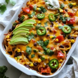 - 2 cups shredded cooked chicken - 1 can (15 oz) black beans, drained and rinsed - 1 can (15 oz) corn, drained - 1 can (10 oz) diced tomatoes with green chilies - 1 cup salsa - 1 teaspoon cumin - 1 teaspoon chili powder - 2 cups cooked brown rice - 1 cup shredded cheddar cheese - 1 cup diced bell peppers (mix of red and green) - 1/2 cup diced red onion - Fresh cilantro, chopped (for garnish) - Avocado slices (for serving) - Sour cream (for serving) I love how simple it is to make this dish. You can change the ingredients to fit your taste. If you want to use rotisserie chicken, that works great. Just shred it and add it to the mix. You can swap out brown rice for quinoa or white rice if you prefer. The black beans can also be replaced with pinto beans. Using fresh tomatoes instead of canned is also an option. Just chop about two cups of fresh tomatoes. To make this dish even more fun, you can add extra toppings. Try adding jalapeños for some heat or olives for a briny kick. You could also include more veggies like zucchini or spinach. They will add color and flavor. If you want to make it creamier, mix in some cream cheese or Greek yogurt before baking. These options let you make this Mexican Chicken Casserole just how you like it! {{ingredient_image_1}} First, preheat your oven to 350°F (175°C) and grease a large casserole dish. This step helps to prevent sticking. In a big mixing bowl, combine the shredded cooked chicken, black beans, corn, diced tomatoes with green chilies, and salsa. Mix it all well. You want every bite to be flavorful. Next, add the cooked brown rice, cumin, chili powder, diced bell peppers, and red onion to the bowl. Stir until everything is evenly mixed. Once your mixture is ready, pour it into the greased casserole dish. Spread it evenly for even cooking. Now, sprinkle the shredded cheddar cheese on top. This adds a lovely cheesy layer. Cover the dish with foil and place it in the oven. Bake for 25 minutes. After that, take off the foil and bake for another 10-15 minutes until the cheese is bubbly and slightly golden. When done, remove it from the oven and let it sit for 5 minutes. This helps the flavors settle. To serve, garnish your casserole with fresh cilantro. This adds a bright touch. Offer avocado slices and a dollop of sour cream on the side. These tasty extras enhance the dish's flavor and texture. Enjoy your meal while it's warm! You can prepare this dish in advance. Start by mixing all the ingredients as directed. After mixing, transfer the mixture to your casserole dish. Cover it tightly with foil or plastic wrap. Store it in the fridge for up to 24 hours. When ready to bake, let it sit at room temperature for 15 minutes. Preheat your oven and bake as per the recipe. This saves time and makes dinner stress-free. To enhance the flavors, consider a few tweaks. Use fresh herbs like cilantro and parsley for a bright taste. Adjust spices based on your family’s preference. If you like it spicy, add jalapeños or extra chili powder. Letting the casserole sit for a few minutes after baking helps the flavors meld. It also allows for easier serving. Avoid overcooking the cheese on top. You want it bubbly, not burnt. Also, be careful not to add too much liquid. The mixture should be moist but not soupy. If your chicken is not cooked through, the casserole won't set well. Lastly, don’t forget to garnish with cilantro before serving. It adds freshness and a nice touch to your dish. Pro Tips Cooked Chicken Choice: For this casserole, using rotisserie chicken saves time, but you can also use leftover grilled or baked chicken for added flavor. Spice Level Adjustment: If you prefer a spicier dish, consider adding diced jalapeños or using hot salsa to kick up the heat. Cheese Variations: Feel free to mix different types of cheese, such as Monterey Jack or Pepper Jack, to enhance the flavor profile. Make Ahead Tip: This casserole can be prepared a day in advance. Just cover and refrigerate before baking; add an extra 10 minutes to the baking time if baking straight from the fridge. {{image_2}} You can make a great vegetarian version of this casserole. Instead of chicken, use two cups of cooked quinoa or lentils. These options add protein and texture. Keep the black beans, corn, and diced tomatoes. You can add extra veggies like zucchini or mushrooms. They provide more flavor and nutrition. Top it with cheese and bake the same way. This makes a hearty dish for everyone. If you like heat, add more spice! Increase the chili powder to two teaspoons. You can also add jalapeños, either fresh or pickled. Mix them into the ingredients or sprinkle on top. For an extra kick, use spicy salsa. This will give a nice zing to every bite. Remember to adjust the cheese as it can tone down the spice. Feel free to switch up ingredients based on what you have. Instead of brown rice, use white rice or even cauliflower rice for a low-carb option. If you don’t have black beans, kidney beans work well too. You can swap cheddar cheese for Monterey Jack or pepper jack for more flavor. Mixing different bell peppers adds color and taste. Get creative and make this dish your own! After making the Mexican chicken casserole, let it cool. Then, cover it tightly with plastic wrap or aluminum foil. Store it in the fridge. It stays fresh for about three to four days. If you want to enjoy it later, this is the way to go. You can freeze this casserole too! First, cool it completely. Then, wrap it well in plastic wrap and foil. This helps prevent freezer burn. You can keep it in the freezer for up to three months. When you are ready to eat, move it to the fridge to thaw overnight. To reheat, preheat your oven to 350°F (175°C). Place the casserole in a baking dish. Cover it with foil to keep it moist. Bake for about 20-25 minutes or until it is hot all the way through. You can also microwave individual servings. Just heat in short bursts to avoid overcooking. Yes, you can use rotisserie chicken. It saves time and adds great flavor. Just shred the chicken into bite-sized pieces. You can skip cooking the chicken yourself. This makes the dish quick and easy. You can serve this casserole with many tasty sides. Fresh avocado slices add creaminess. A dollop of sour cream cools the spice. You might also enjoy a simple salad. Rice or tortilla chips are great choices too. Each side adds a new layer of flavor to the meal. Leftovers will stay good in the fridge for about three days. Store them in an airtight container. You can reheat the casserole in the oven or microwave. If you want to keep it longer, freeze leftovers for up to three months. Just make sure it's in a freezer-safe container. This article covers all you need for a tasty Mexican Chicken Casserole. We discussed essential ingredients, how to prepare and bake it, and tips to improve your dish. You learned about variations, storing leftovers, and common questions. Remember, cooking is fun! Use these tips to create your own special version. Enjoy the process, and share your results with friends and family. Happy cooking!