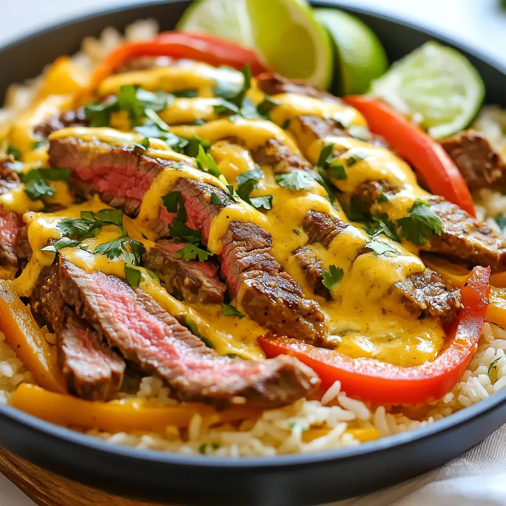 - 1 pound flank steak, cut into strips - 1 cup long-grain rice - 2 cups beef broth - 1 cup queso cheese dip (jarred or homemade) - 1 bell pepper, diced (red or green) - 1 small onion, diced - 2 cloves garlic, minced - 1 teaspoon ground cumin - 1 teaspoon chili powder - Salt and pepper to taste - 2 tablespoons olive oil - Fresh cilantro, chopped - Lime wedges If you want a leaner meat, use chicken breast instead of flank steak. You can swap the beef broth for vegetable broth to make it vegetarian. For a dairy-free option, use a vegan queso dip. If you prefer brown rice, adjust the cooking time as it takes longer to cook. {{ingredient_image_1}} First, gather your flank steak strips. Season them with salt, pepper, ground cumin, and chili powder. This mix adds great flavor. Heat olive oil in a large skillet over medium-high heat. Once hot, add the steak. Sear each side for about 3-4 minutes. Remove the steak and set it aside. In the same skillet, add diced onion, bell pepper, and minced garlic. Cook these for about 3-5 minutes. You want them soft and fragrant. Stir often to avoid burning. The oil from the steak adds extra flavor to the veggies. Next, stir in the long-grain rice. Let it toast for 1-2 minutes. This step brings out great flavor and keeps the rice from getting mushy. Then, pour in 2 cups of beef broth. Bring this mix to a boil. Lower the heat, cover the pan, and let it simmer. Cook for 15-20 minutes. The rice should be tender and soak up most of the broth. Once the rice is done, fluff it with a fork. Add the seared steak back into the pan. Pour the queso cheese dip over the steak and rice. Stir gently to combine everything. Heat it for another 2-3 minutes until the queso bubbles. This makes the dish creamy and delicious. Enjoy your meal with fresh cilantro on top and lime wedges on the side! To get a great sear on your steak, start with a hot pan. Heat the olive oil over medium-high heat. Season the steak strips with salt, pepper, cumin, and chili powder. This adds flavor right from the start. Once the oil shimmers, add the steak. Sear each side for 3-4 minutes. Don't overcrowd the pan; this helps the meat brown nicely. Once done, take the steak out and let it rest. This keeps it juicy. Layering flavors makes your dish pop. Start by toasting the rice for 1-2 minutes before adding the broth. This gives the rice a nutty taste. Use fresh ingredients, like garlic and onion, for better flavor. Feel free to add more spices, like smoked paprika or cayenne, if you want some heat. Fresh cilantro adds brightness as a garnish. And don’t forget the lime wedges; a squeeze of lime brightens the whole dish. Cooking rice can be tricky, but a few tips help. Use the right ratio of liquid to rice; here, it’s 2 cups of broth for 1 cup of rice. Bring the broth to a boil before adding the rice. Once boiling, cover and reduce the heat to a simmer. Let it cook for 15-20 minutes. Don’t lift the lid; this keeps steam in. After cooking, fluff the rice with a fork. This keeps the grains separate and fluffy. Pro Tips Rest the Steak: Allow the steak to rest for a few minutes after cooking. This helps retain its juices and keeps the meat tender. Toast the Rice: Always toast the rice in the pan for a couple of minutes before adding liquid. This enhances its nutty flavor and helps prevent mushiness. Use Fresh Ingredients: Fresh produce like bell peppers and cilantro can elevate your dish significantly in flavor and presentation. Adjust Queso to Taste: Feel free to adjust the amount of queso cheese dip according to your preference for creaminess and flavor intensity. {{image_2}} You can easily make a vegetarian version of this dish. Instead of flank steak, use mushrooms or diced bell peppers. They add great flavor and texture. Use vegetable broth in place of beef broth to keep it hearty. For the cheese sauce, try a plant-based queso to make it dairy-free. This way, you still enjoy the creamy, cheesy goodness. If you like heat, add diced jalapeños or a dash of cayenne pepper. You can also use spicy queso cheese dip for extra kick. For a milder version, skip the chili powder or use sweet paprika instead. Always taste as you go to find the right balance for your palate. You can swap the flank steak with chicken, shrimp, or even tofu. Chicken cooks quickly and adds a nice flavor. Shrimp gives a seafood twist. Tofu is great for a plant-based meal. Just make sure to adjust cooking times based on your protein choice. Each option creates a tasty one-pan meal everyone will love. To store your One-Pan Steak Queso Rice, let it cool first. Then, place it in an airtight container. This keeps it fresh for up to four days in the fridge. Make sure to seal it tight to avoid drying out. When you’re ready to eat the leftovers, reheat them on the stove. Use medium heat and add a splash of water or broth. This helps the rice stay moist. Stir often until everything is hot. You can also use a microwave. Just cover the dish and heat in short bursts, stirring in between. To freeze, first let the dish cool completely. Then, divide it into portions and place them in freezer-safe bags. Squeeze out as much air as you can. You can freeze it for up to three months. When you're ready to eat, thaw it in the fridge overnight. Then, reheat as mentioned above. This way, you can enjoy a quick meal anytime! If you don’t have queso cheese dip, you can use shredded cheese. Cheddar or Monterey Jack works well. You can also melt cream cheese with some milk and spices for a creamy dip. Both options give you that cheesy goodness. Yes, you can prepare this recipe in advance. Cook it fully, then let it cool. Store it in an airtight container in the fridge for up to three days. When ready to eat, reheat it on the stove or in the microwave. Just add a splash of broth to keep it moist. To spice up your One-Pan Steak Queso Rice, add chopped jalapeños or serrano peppers. You can also use a spicier queso dip or add hot sauce. A pinch of cayenne pepper in the beef broth will also heat things up. This dish pairs great with simple sides. Try a fresh salad with lime dressing. Corn on the cob or tortilla chips with salsa is also a hit. You could even serve some grilled veggies for a nice crunch. In this blog post, we explored how to make a delicious one-pan steak queso rice dish. We covered key ingredients, step-by-step cooking instructions, useful tips, and various recipe variations. You can adapt this meal for different diets and spice levels. Remember, storage is key for leftovers, so follow our tips for saving and reheating. Enjoy creating this tasty dish! It’s simple, fun, and sure to impress anyone at your table.
