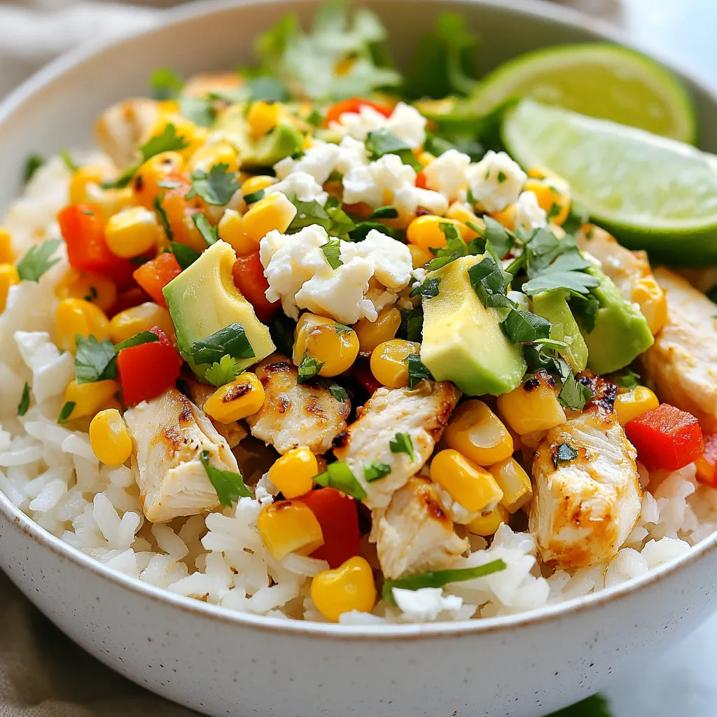 To make the Street Corn Chicken Rice Bowl, you need simple yet fresh ingredients. Here’s what you will need: - 2 cups cooked jasmine rice - 1 pound chicken breast, diced - 2 ears of corn, kernels removed - 1 red bell pepper, diced - 1/2 cup red onion, finely chopped - 1/4 cup fresh cilantro, chopped - 1 tablespoon olive oil - 1 teaspoon smoked paprika - 1 teaspoon chili powder - Salt and pepper to taste - Optional toppings: - 1/2 cup crumbled feta cheese - 1 avocado, sliced - Lime wedges for serving Each ingredient brings a unique flavor to the bowl. The jasmine rice is soft and fragrant. The chicken adds protein and heartiness. Fresh corn kernels give a sweet crunch. Diced red bell pepper adds color and sweetness. Red onion offers a sharp bite, while cilantro brings freshness. Olive oil helps everything cook evenly. Spices like smoked paprika and chili powder add depth and warmth. Salt and pepper enhance all the flavors. The optional toppings, like feta cheese and avocado, add creamy and tangy notes. Lime wedges provide a zesty finish when you squeeze them over the top. Gather these ingredients to create a tasty meal that is both filling and fun to eat! {{ingredient_image_1}} To start, heat one tablespoon of olive oil in a large skillet over medium-high heat. Add 1 pound of diced chicken breast. Season it with salt, pepper, and 1 teaspoon each of smoked paprika and chili powder. Cook the chicken for about 6 to 8 minutes. You want it to be golden and cooked through. This step adds great flavor. Once done, remove the chicken from the skillet and set it aside. In the same skillet, add 2 ears of corn that you have removed the kernels from. Also, add 1 diced red bell pepper. Sauté these for 4 to 5 minutes until the corn starts to char slightly. The char adds a sweet, smoky taste. After that, toss in 1/2 cup of finely chopped red onion. Cook for an additional 2 minutes. The onions should become soft and fragrant. Now it’s time to mix everything. In a large bowl, combine 2 cups of cooked jasmine rice, the sautéed chicken, and the corn-pepper-onion mix. Toss gently to combine. This way, each bite gets that yummy flavor. Don’t forget to fold in 1/4 cup of chopped fresh cilantro. Finally, check the seasoning. Adjust salt and pepper to your taste. This step is key to making your rice bowl perfect! To cook jasmine rice, use 1 cup of rice to 1.5 cups of water. Rinse the rice first to remove excess starch. This helps the rice stay fluffy. Bring water to a boil, reduce heat, and cover. Let it simmer for 15 minutes. Turn off the heat and let it sit for 10 minutes. Fluff it with a fork before serving. For great texture, let the rice cool slightly before mixing it with other ingredients. This keeps the rice from getting mushy. To sauté vegetables, heat your skillet on medium-high. Add olive oil before the veggies. This helps them cook evenly. Start with corn and red peppers, then add onions. Cook them until the corn has a slight char. This adds depth of flavor. Season your dish while cooking. A pinch of salt and pepper enhances the taste. Smoked paprika and chili powder add warmth. Taste as you go to get it just right. Serve the rice bowl in vibrant bowls or a large platter. Layer the ingredients for a colorful look. Top with avocado slices and feta cheese for creaminess. For garnishing, add a sprinkle of cilantro. Serve lime wedges on the side. Squeezing lime over the dish gives it a fresh kick. Enjoy your beautiful creation! Pro Tips Use Fresh Corn: For the best flavor, use fresh corn when in season. It adds a natural sweetness and crunch to the dish. Marinate the Chicken: Consider marinating the diced chicken in lime juice and spices for at least 30 minutes before cooking for enhanced flavor. Customize the Toppings: Feel free to add other toppings such as diced tomatoes, jalapeños, or a drizzle of hot sauce for an extra kick. Make it Ahead: This dish can be made ahead of time and stored in the fridge. Just reheat before serving and add fresh toppings. {{image_2}} You can easily adjust this recipe to fit your needs. For a gluten-free option, use gluten-free rice. Make sure all spices are gluten-free too. If you prefer a vegetarian dish, swap the chicken for black beans or grilled tofu. These options add protein while keeping it tasty and filling. To boost the flavor, try adding cumin or lime zest to the chicken. These spices add depth and freshness. For cheese lovers, you can replace feta with cotija cheese. Cotija adds a creamy and salty touch that pairs well with the other flavors. Want to mix it up? Use quinoa or brown rice instead of jasmine rice. These grains add a different taste and texture. You can also switch out the chicken for shrimp or beef. For veggies, add seasonal produce like zucchini or cherry tomatoes. They will add color and nutrients to your bowl. To keep your Street Corn Chicken Rice Bowl fresh, store leftovers promptly. Let the dish cool down before you put it away. Use airtight containers to keep out air and moisture. Glass or BPA-free plastic containers work well. This helps to keep flavors intact. When reheating, you want to keep the dish just as tasty. Use the stovetop or microwave for best results. If using the stovetop, add a splash of water or broth. This prevents the rice from drying out. Stir often to heat evenly. If using the microwave, cover the bowl to trap steam. This method keeps the chicken and veggies moist. Want to save some for later? You can freeze the rice bowl. Divide it into portions and place them in freezer-safe containers. Make sure to leave some space at the top for expansion. When ready to eat, take it out and thaw it overnight in the fridge. Reheat on the stovetop or microwave until warm. This way, your meal stays delicious! This dish takes about 30 minutes total. You spend 15 minutes prepping. Cooking takes around 15 minutes. Yes, you can make this dish ahead. Cook the chicken and veggies, then store them. You can mix them with rice later. Don’t add avocado or lime juice until you serve. This keeps them fresh. Yes, this rice bowl is great for meal prep. Store each part separately. Use airtight containers for best results. When ready to eat, just reheat. Enjoy it hot for the best flavor! In this post, I shared a fun recipe for the Street Corn Chicken Rice Bowl. You learned about the key ingredients, simple steps, and helpful tips to make it tasty. I also covered storage and variations for different diets. This dish offers great flavors and is easy to customize. You can enjoy it fresh or save extras for later. Try out these ideas and create your own version! Enjoy your cooking and have fun experimenting.