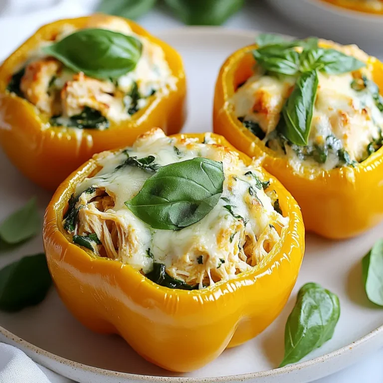 To make Low Carb Creamy Chicken Stuffed Peppers, gather these fresh items: - 4 large bell peppers (any color) - 2 cups cooked chicken, shredded - 1 cup cream cheese, softened - 1/2 cup shredded mozzarella cheese - 1/2 cup chopped spinach (fresh or frozen) - 1/4 cup diced red onion - 2 cloves garlic, minced - 1 teaspoon Italian seasoning - Salt and pepper to taste - 1 tablespoon olive oil - Fresh basil for garnish (optional) This dish is great for low-carb diets. Here is a quick look at the nutrition per serving: - Calories: About 350 - Protein: 30g - Fat: 22g - Carbohydrates: 9g - Fiber: 3g When preparing your ingredients, follow these helpful tips: - Bell Peppers: Choose firm peppers with smooth skin. They should feel heavy for their size. - Chicken: Use leftover rotisserie chicken. It saves time and adds great flavor. - Cream Cheese: Make sure it's softened to mix well. Leave it out for 30 minutes before use. - Spinach: If using frozen spinach, thaw and drain it well. Remove excess water to avoid a soggy filling. - Garlic: Fresh garlic adds a strong flavor. Mince it finely for even taste. - Onion: Dicing the red onion small helps blend the flavors well. Adjust the amount for milder taste. These tips will help you make the most of your ingredients. Happy cooking! {{ingredient_image_1}} Start by preheating your oven to 375°F (190°C). Next, take four large bell peppers. You can use any color you prefer. Cut the tops off the peppers and remove the seeds and membranes. This step is key for a tasty filling. Lightly brush the outside of each pepper with olive oil. This adds flavor and helps them cook well. Place the peppers upright in a baking dish, ready for stuffing. In a large bowl, combine two cups of cooked, shredded chicken. Add one cup of softened cream cheese and half a cup of shredded mozzarella cheese. Then, mix in half a cup of chopped spinach, whether fresh or frozen. Next, add a quarter cup of diced red onion and two minced garlic cloves. For flavor, toss in one teaspoon of Italian seasoning, along with salt and pepper to taste. Mix all these ingredients well until they are fully combined. This creamy chicken filling is what makes the dish special. Now it’s time to stuff the peppers. Take the creamy chicken mixture and fill each pepper, packing it in gently but firmly. This ensures that every bite is flavorful. Before baking, pour a small amount of water into the bottom of the baking dish. This helps steam the peppers while they cook. Cover the dish tightly with aluminum foil. Bake in your preheated oven for 25 to 30 minutes. After that, remove the foil and bake for another 10 to 15 minutes. The peppers should be tender and the tops golden brown. Once done, take them out and let them cool for a few minutes. Enjoy your delightful dish! To bake stuffed peppers well, follow a few simple steps. First, preheat your oven to 375°F (190°C). This helps cook the peppers evenly. Cut the tops off the peppers and remove the seeds. Brush the outside with olive oil for added flavor. Place them in a baking dish. Next, prepare your filling. Mix cooked chicken, cream cheese, mozzarella, spinach, onion, garlic, and seasoning. Make sure everything blends well. Stuff each pepper firmly but gently. This ensures they hold their shape during cooking. Add a little water to the dish to help steam the peppers. Cover the dish with foil for the first half of baking. Bake for 25-30 minutes. After that, remove the foil and bake for another 10-15 minutes. This gives the tops a lovely golden color. Serve your stuffed peppers on a bright platter. Drizzle a little olive oil on top for shine. You can sprinkle extra mozzarella cheese for a tasty touch. Fresh basil adds a pop of color and flavor. Pair these peppers with a light salad or steamed veggies for a complete meal. One common mistake is overcooking the peppers. Keep an eye on them, so they stay tender but not mushy. Another mistake is not seasoning the filling enough. Taste it before stuffing the peppers. Lastly, don’t forget to add water to the baking dish. This keeps the peppers moist during cooking. Avoid these errors, and you’ll have a delightful dish! Pro Tips Choose the Right Peppers: Select bell peppers that are firm and vibrant in color for the best flavor and texture. Mix It Up: Feel free to customize the filling by adding your favorite herbs, spices, or vegetables to enhance the flavor profile. Cheese Variation: Experiment with different types of cheese, such as cheddar or pepper jack, for a unique twist on the classic recipe. Make Ahead: Prepare the stuffed peppers in advance and refrigerate them. Bake them just before serving for a quick and easy meal. {{image_2}} You can change the filling to suit your taste. Try using ground turkey or beef instead of chicken. You can also add different veggies like diced zucchini or mushrooms for extra flavor. If you want a kick, mix in some jalapeños or diced tomatoes. For a vegetarian option, use cooked quinoa with beans and cheese. This adds protein without meat. Keeping it low carb is easy. Instead of cream cheese, try ricotta or cottage cheese. These options still give a creamy texture. You can swap the mozzarella for a lower fat cheese if you want. If you prefer, use cauliflower rice in place of chicken. It gives a nice bite and keeps carbs low. Want to spice things up? Add a pinch of cayenne pepper or red pepper flakes to the filling. For a milder taste, leave out spicy ingredients. You can also top the peppers with a drizzle of hot sauce before serving. This lets you control the heat level just right for you. To store your creamy chicken stuffed peppers, let them cool first. Once cool, place them in an airtight container. You can keep them in the fridge for up to three days. Make sure they are tightly sealed to retain freshness. When you're ready to enjoy your leftovers, preheat your oven to 350°F (175°C). Place the stuffed peppers in a baking dish. Cover them with foil to keep them moist. Heat for about 15-20 minutes. You can also use a microwave. Simply place a pepper on a plate and heat for 2-3 minutes, checking halfway through. If you want to freeze stuffed peppers, it's best to do this before baking. After you stuff the peppers, wrap each one in plastic wrap. Then, place them in a freezer bag. They can stay frozen for up to three months. When you're ready to bake, thaw them in the fridge overnight. Bake as usual for a delicious meal! Yes, you can make these stuffed peppers ahead of time. Prepare the filling and stuff the peppers. Place them in the fridge for up to 24 hours. When you are ready to cook, just pop them in the oven. This makes meal prep easy and saves you time on busy days. You can use many vegetables to mix things up. Consider zucchini, mushrooms, or even cauliflower rice. These options add flavor and keep the dish low carb. Feel free to get creative with your veggies. Each choice can give a new twist to the dish. Peppers are done when they are tender. You can check by piercing them with a fork. If the fork goes in easily, they are ready. The cheese on top should also be golden brown. This gives a nice visual cue that they are perfectly cooked. In this blog post, we explored the key aspects of making stuffed peppers. We covered ingredients, step-by-step instructions, and tips to ensure perfect results. I shared variations for different tastes and how to store leftovers properly. Remember, stuffed peppers are a versatile dish. You can switch up ingredients and flavors to fit your needs. With the right techniques, you can make a delicious meal everyone will enjoy. Happy cooking!