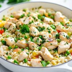 - 2 chicken breasts, diced - 1 cup long-grain rice - 3 cups chicken broth - 1 medium onion, diced - 4 cloves garlic, minced - 1 cup bell peppers (red and yellow), diced - 1 cup frozen peas - 1 tablespoon olive oil - 1 teaspoon paprika - 1 teaspoon dried oregano - Salt and pepper to taste - Fresh parsley for garnish When measuring rice, use a dry measuring cup. For chicken, make sure to cut it into even pieces. This helps with even cooking. For garlic, use a sharp knife to mince it finely. This releases more flavor. Use fresh herbs when possible. They add a great taste. If you don’t have chicken breasts, use thighs or even turkey. For rice, jasmine or basmati can work well. Instead of chicken broth, vegetable broth is a great choice. You can swap bell peppers for zucchini or mushrooms. If you want a spicier kick, add crushed red pepper flakes. For a fresh touch, use green onions instead of parsley. {{ingredient_image_1}} Start with two chicken breasts. Dice them into small, even pieces. This helps them cook well. Heat one tablespoon of olive oil in a large skillet on medium-high heat. Add the diced chicken to the skillet. Season with salt, pepper, and one teaspoon of paprika. Cook the chicken for about five to seven minutes. Stir it often until it turns golden brown and is no longer pink inside. Once cooked, remove the chicken from the skillet and set it aside. You want the chicken to stay juicy. In the same skillet, add one medium diced onion and one cup of diced bell peppers. Use a mix of red and yellow for color. Sauté the vegetables for three to four minutes. They should become tender but not mushy. Next, add four minced garlic cloves. Cook for another minute until the garlic smells great. This step gives the dish a nice flavor base. Now, it’s time to add the rice. Pour in one cup of long-grain rice and stir well. Coat the rice with the oil and mix it with the veggies for about two minutes. This helps the rice soak up all the flavors. Next, pour in three cups of chicken broth and add one teaspoon of dried oregano. Bring this mixture to a boil. Once it boils, reduce the heat to low. Return the cooked chicken to the skillet, cover it, and let it simmer for about 15 minutes. The rice will absorb the broth and become tender. After 15 minutes, stir in one cup of frozen peas. Cover again and let it cook for another five minutes. The peas will heat through, and the rice will be fluffy. Before serving, taste and adjust the seasoning if needed. Enjoy your delicious garlic chicken and rice! To cook rice well, start with rinsing it. This removes excess starch. Use long-grain rice for the best texture. For every cup of rice, use three cups of chicken broth. This ratio keeps the rice moist and full of flavor. Bring it to a boil, then reduce the heat. Cover the skillet and let it simmer. Don't lift the lid while it cooks. Let the rice absorb all the broth for a fluffy result. Add extra flavor by using herbs and spices. Fresh herbs like parsley or thyme brighten the dish. For a kick, add a pinch of red pepper flakes. You can also squeeze lemon juice over the finished dish. This gives a fresh taste. If you enjoy a smoky flavor, try smoked paprika instead of regular paprika. Each change can make the dish unique. To save time, use pre-cooked chicken. You can shred rotisserie chicken. This cuts down on cooking time. Frozen vegetables are another great option. They cook quickly and save prep time. You can also chop the onion and peppers ahead of time. Store them in the fridge until you're ready to cook. These tips help you enjoy a tasty meal with less work. Pro Tips Marinate the Chicken: For even more flavor, marinate the diced chicken in olive oil, garlic, and spices for at least 30 minutes before cooking. Use Quality Broth: The flavor of your broth can greatly influence the dish. Use low-sodium or homemade chicken broth for a richer taste without excess salt. Perfect Rice Cooking: Ensure the rice is rinsed before adding to the skillet to remove excess starch, which helps achieve a fluffier texture. Customize the Veggies: Feel free to add or substitute other vegetables like zucchini or corn to personalize the dish and boost its nutrition. {{image_2}} You can make this dish more colorful and healthy by adding different vegetables. Try carrots, zucchini, or broccoli. These veggies will add crunch and flavor. Just dice them small so they cook evenly. Add them after the onions and bell peppers. Cook until they are tender. This way, you get more nutrients without losing taste. If you like heat, add some spice to your skillet. You can mix in red pepper flakes or diced jalapeños. Start with a small amount, then taste as you go. You can also use spicy paprika instead of regular paprika. This will give your dish a nice kick. Just be careful not to add too much spice at once. You want to enjoy the heat, not be overwhelmed! You can swap out chicken for other proteins. Try diced turkey or shrimp for a different taste. If you want a vegetarian option, use beans or tofu. Cook the protein the same way as the chicken. Just make sure to adjust cooking times. Each protein cooks differently, so check for doneness. This allows everyone to enjoy this meal their way. You can store leftovers in the fridge. Place the garlic chicken and rice in an airtight container. Make sure it cools down before sealing. It stays fresh for up to three days. When you're ready to eat, just pull it out and enjoy. Freezing is another great option. Use a freezer-safe container or bag. Make sure to remove as much air as you can. Label it with the date for easy tracking. The dish can last up to three months in the freezer. When you want to eat it, let it thaw in the fridge overnight. Reheating is simple. You can use a microwave or stovetop. For the microwave, place it in a microwave-safe dish. Heat in short bursts, stirring in between. If using the stovetop, add a splash of broth to prevent sticking. Heat over low until hot. Enjoy your meal just like the first time! The total cooking time for Garlic Chicken and Rice Skillet is about 30 minutes. You’ll spend around 10 minutes prepping the ingredients. Cooking the chicken and veggies takes about 10 minutes, and simmering the rice with broth takes another 15 minutes. Yes, you can use brown rice instead of white rice. However, brown rice takes longer to cook. You will need to increase the simmering time to about 30 to 40 minutes. Make sure to use more broth, too. A good rule is to use 1 ½ cups of broth for every cup of brown rice. This skillet meal is tasty on its own, but some sides go great with it. Here are a few ideas: - A simple green salad with lemon vinaigrette - Garlic bread for extra flavor - Steamed broccoli or green beans for a healthy touch - A fresh fruit salad for a sweet finish These sides will balance the dish well and add more color to your meal. This blog post shared all you need for a great Garlic Chicken and Rice Skillet. You learned about ingredients, cooking steps, and storage tips. I emphasized quick cooking tricks and flavor ideas to boost your meal. Remember, small changes can make a big difference. Enjoy trying new veggies or proteins. Cook with joy and make it your own! Each time you cook, you will grow more confident and skilled. Happy cooking!