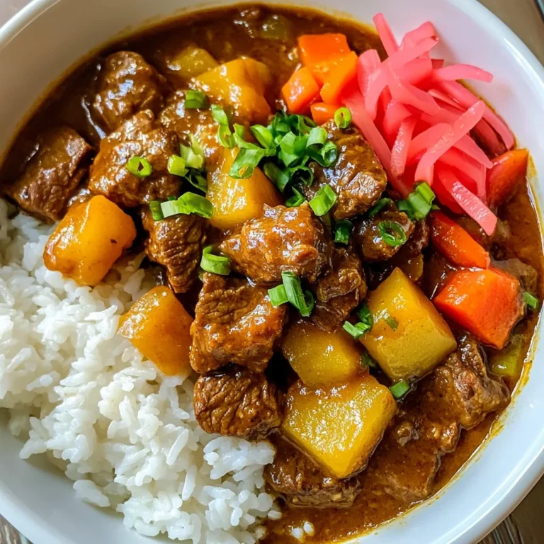 - 1 lb (450g) beef chuck, cut into bite-sized pieces - 2 tablespoons vegetable oil - 1 large onion, finely chopped - 2 carrots, diced - 2 medium potatoes, diced - 3 cloves garlic, minced - 1 tablespoon fresh ginger, grated Beef chuck is perfect for this dish. It becomes tender and flavorful after cooking. Use fresh veggies for the best taste. Onions add sweetness, while carrots and potatoes give a hearty feel. Garlic and ginger enhance the aroma and depth of flavor. - 1 tablespoon soy sauce - 1 tablespoon curry powder - 1 tablespoon ketchup - 1 tablespoon Worcestershire sauce - 1 tablespoon honey - 1 bay leaf - Salt and pepper to taste These seasonings create a rich and balanced flavor. Soy sauce adds umami, while curry powder brings warmth and spice. Ketchup and honey provide sweetness for balance. Use a bay leaf for depth, and adjust salt and pepper as needed. - Cooked rice, for serving - Chopped green onions for garnish - Pickled ginger for garnish Serve your curry over fluffy cooked rice. This adds heartiness and absorbs the sauce. Garnish with green onions for color and crunch. Pickled ginger adds a tangy kick, balancing the rich curry. {{ingredient_image_1}} Searing the beef Start by heating 2 tablespoons of vegetable oil in a large pot over medium-high heat. Add 1 pound of beef chuck, cut into bite-sized pieces. Sear the beef until it is browned on all sides. This step helps lock in the flavor. Once done, remove the beef from the pot and set it aside. Sautéing the onion and aromatics In the same pot, add 1 large onion, finely chopped. Sauté it for about 5 minutes until it becomes translucent and golden. Next, stir in 3 cloves of minced garlic and 1 tablespoon of grated ginger. Cook this mixture for another minute until it smells great. Adding vegetables and stock Now, add 2 diced carrots and 2 diced potatoes to the pot. Pour in 3 cups of beef stock. Return the seared beef back into the pot. This will create a rich base for your curry. Combining seasonings and simmering Mix in 1 tablespoon each of soy sauce and curry powder. Also, add 1 tablespoon of ketchup, Worcestershire sauce, and honey. Toss in 1 bay leaf for flavor. Stir well to combine everything. Bring the mix to a gentle boil, then lower the heat. Cover the pot and let it simmer for about 1 hour. Stir occasionally to ensure nothing sticks. Adjusting consistency After simmering, check the sauce. If it's too thin, remove the lid and let it cook for another 10 to 15 minutes. This will help thicken the curry. Seasoning to taste Finally, season your dish with salt and pepper according to your taste. Serve the curry hot over cooked rice. Don’t forget to garnish with chopped green onions and pickled ginger for that perfect finishing touch! - Choosing the right cut of beef: I recommend using beef chuck. It has great flavor and tenderness. Cut it into bite-sized pieces for even cooking. - Tips for richer flavor development: Searing the beef first adds depth. This step locks in juices and browns the meat. Also, sauté the onions until golden. This gives a sweet note to your curry. - Adjustments for thicker sauce: If you want a thick sauce, leave the lid off while cooking. This will help the liquid reduce and concentrate the flavor. - Ensuring tender beef: Let the curry simmer low and slow. A full hour gives the beef time to become tender and soak up flavors. - Plating with rice: Serve the curry in deep bowls. Add a generous scoop of cooked rice. This creates a nice balance on the plate. - Garnishing for color: Finish your dish with chopped green onions. A few slices of pickled ginger bring color and a fresh taste. These simple touches make the dish pop! Pro Tips Choose the Right Cut of Beef: For the best flavor and tenderness, use beef chuck or brisket, which becomes more tender as it simmers. Enhance the Flavor: For extra depth, consider adding a tablespoon of miso paste or a splash of sake to the sauce. Adjust the Spice Level: If you prefer a spicier curry, add a chopped chili pepper or a dash of cayenne pepper when cooking. Meal Prep Friendly: This curry tastes even better the next day, making it perfect for meal prep or leftovers! {{image_2}} You can change the protein in this dish. Try chicken or tofu instead of beef. Chicken offers a lighter taste, while tofu is great for a vegan option. Both will soak up the rich flavors of the curry. For veggies, you have many choices. Bell peppers add crunch and color. Peas give a sweet taste. You can mix different vegetables based on what you like. If you want a mild version for kids, cut back on the curry powder. You can also add more carrots and potatoes to balance the flavors. This makes it sweeter and less spicy. For spice lovers, try adding chili flakes or hot sauce. You can mix in a bit more curry powder too. This will give it a nice kick. Homemade Japanese beef curry often differs from restaurant versions. Restaurants might use special spices or serve it with different sides. At home, you can adjust the recipe to your taste and make it unique. If you need something quick, explore curry kits available in stores. These kits come with all the spices and sauces you need. They can save you time while still giving you a tasty meal. To keep your Japanese beef curry fresh, refrigerate it right away. Place it in an airtight container. It will last for about three days in the fridge. If you want to save it for later, freezing is a good option. Use freezer-safe bags and remove as much air as possible. Your curry can stay frozen for up to three months. When reheating your curry, the stove is best. Pour the curry into a pot and heat it on low to medium. Stir it often to keep it from burning. If you prefer the microwave, use a microwave-safe bowl. Heat it in short bursts, stirring in between. This keeps the flavors strong and the texture nice. In the fridge, your curry lasts around three days. If kept in the freezer, it can last up to three months. Check for signs of spoilage before eating. If it smells sour or has a strange color, it is best to throw it away. Always trust your senses when it comes to food safety. What is the best beef cut for curry? The best cut for Japanese beef curry is beef chuck. This cut has enough fat to keep the meat tender and flavorful. It breaks down well during cooking. Other good options are brisket or round. They can also work if chuck is not available. Can I make this dish in a slow cooker? Yes, you can use a slow cooker for this dish. Start by searing the beef in a pan. Then, add all the ingredients to the slow cooker. Cook on low for 6 to 8 hours. This makes the beef very tender and the flavors blend well. Is Japanese beef curry the same as Indian curry? No, Japanese beef curry is not the same as Indian curry. Japanese curry is thicker and sweeter. It uses curry powder, soy sauce, and sometimes ketchup. Indian curry is more complex with spices like cumin and coriander. Each has its own style and taste. What are traditional accompaniments? Traditionally, Japanese beef curry is served with rice. You can also add pickled ginger and green onions on top. Some people enjoy it with a side of salad or bread, like naan. These add freshness and balance to the dish. Where to find authentic Japanese beef curry? You can find authentic Japanese beef curry at many Japanese restaurants. Look for places that focus on comfort food. Often, they will serve homemade curry that captures the true flavors. Popular chain options vs. local gems While chains like Coco Ichibanya are well-known, local gems often have unique recipes. Try smaller restaurants to discover different styles. They may offer secret family recipes that make their curry special. You learned how to make delicious Japanese beef curry. The key ingredients, like beef chuck and fresh veggies, set the stage. You saw how seasonings bring the dish to life. I shared tips for a perfect flavor and texture, along with variations that suit different tastes. Remember to store leftovers wisely and reheat them well. This dish is not just about taste; it also brings comfort and joy. Enjoy making your curry, and share it with friends and family!