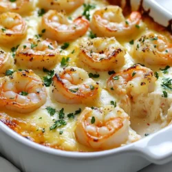 To make Keto Garlic Shrimp Au Gratin, gather these simple items: - 1 lb large shrimp, peeled and deveined - 2 tablespoons olive oil - 4 cloves garlic, minced - 1 cup heavy cream - 1 cup shredded mozzarella cheese - 1/2 cup grated Parmesan cheese - 1 tablespoon lemon juice - 1 teaspoon smoked paprika - 1 teaspoon onion powder - Salt and pepper to taste - Fresh parsley, chopped (for garnish) Each ingredient plays a key role in building flavor and texture. The shrimp bring a sweet taste, while the garlic adds a nice kick. You can swap some ingredients for new flavors. Try these options: - Use shrimp with shells for a richer taste. - Replace olive oil with butter for a creamier base. - Add red pepper flakes for heat. - Use different cheeses like cheddar or gouda for a twist. - Swap heavy cream for coconut cream for a dairy-free option. These swaps keep the dish exciting and cater to your personal taste. Each serving of Keto Garlic Shrimp Au Gratin (about one-fourth of the dish) offers: - Calories: 450 - Protein: 35g - Fat: 35g - Carbohydrates: 5g - Fiber: 0g - Net Carbs: 5g This dish fits well within a keto diet, providing plenty of flavor without the carbs. Enjoy a satisfying meal that keeps you on track! {{ingredient_image_1}} Start by gathering your ingredients. You will need: - 1 lb large shrimp, peeled and deveined - 2 tablespoons olive oil - 4 cloves garlic, minced - 1 cup heavy cream - 1 cup shredded mozzarella cheese - 1/2 cup grated Parmesan cheese - 1 tablespoon lemon juice - 1 teaspoon smoked paprika - 1 teaspoon onion powder - Salt and pepper to taste - Fresh parsley, chopped (for garnish) Next, preheat your oven to 375°F (190°C). This helps the dish cook evenly. Heat the olive oil in a large skillet over medium heat. Add the minced garlic. Sauté for about 1 minute until it smells great. Now, add the shrimp to the skillet. Cook them for 2-3 minutes. Stir occasionally until they turn pink and opaque. Remove the skillet from heat when done. In a mixing bowl, combine the heavy cream, half of the mozzarella, Parmesan cheese, lemon juice, smoked paprika, onion powder, salt, and pepper. Mix everything well. Pour this creamy mix over the shrimp in the skillet. Stir gently to coat the shrimp. Next, transfer everything to an oven-safe baking dish. Spread it out evenly. Top with the remaining mozzarella cheese. Bake in your preheated oven for 15-20 minutes. Look for a bubbly and golden brown top. Once done, remove it from the oven. Let it cool for a few minutes. Finally, garnish with fresh parsley before serving. Cooking shrimp well is key to this dish. Start with fresh, large shrimp. They cook fast, so watch them closely. Heat olive oil in your skillet. Add minced garlic first; it gives great flavor. Sauté for just one minute. Then, add shrimp to the skillet. Cook them for only 2-3 minutes. You want them pink and opaque, not overcooked. Overcooked shrimp turn tough and rubbery. Remove them from heat as soon as they are ready. For a perfect cheese melt, choose good-quality cheese. I like a mix of mozzarella and Parmesan. Mozzarella melts well, while Parmesan adds a nice bite. Mix half of the mozzarella into the cream mixture. This step ensures the cheese blends nicely with the sauce. Top with the remaining mozzarella before baking. Spread it evenly for a golden crust. Bake in a hot oven, and watch it closely. You want bubbly cheese that is golden brown. One common mistake is cooking shrimp too long. They need just a few minutes. Another mistake is using low-quality cheese. Avoid that if you want a great melt. Don't skip the lemon juice; it adds brightness to the dish. Lastly, ensure your oven is preheated. This helps achieve that perfect bake. Following these tips will help you make a tasty Keto Garlic Shrimp Au Gratin. Enjoy the cooking process! Pro Tips Use Fresh Shrimp: Always opt for fresh or high-quality frozen shrimp for the best flavor and texture. Customize the Cheese: Feel free to mix in your favorite cheeses, like gouda or cheddar, for a unique twist. Adjust the Spice: For extra heat, add a pinch of red pepper flakes to the cream mixture. Let it Rest: Allow the dish to cool for a few minutes before serving to enhance the flavors and make it easier to serve. {{image_2}} If you want to keep it low-carb, you have great options. Instead of heavy cream, try using coconut cream. It adds a nice flavor and still keeps the dish creamy. You can also swap out mozzarella cheese for a lower-carb cheese, like goat cheese. This will change the taste but keep it delicious. You can easily change the flavor of this dish. If you like heat, add red pepper flakes or diced jalapeños. For an herbed flavor, mix in fresh basil, thyme, or dill. These herbs boost the taste and make it more vibrant. You can also play with spices. Try adding curry powder for a unique twist or lemon zest for extra brightness. Serve your Keto Garlic Shrimp Au Gratin with fresh salads. A simple green salad pairs well and adds crunch. You can also serve it with steamed broccoli or zucchini noodles for a filling meal. If you want something heartier, consider cauliflower rice. It absorbs the flavors and adds a nice texture. To store your Keto Garlic Shrimp Au Gratin, let it cool first. Once cooled, place it in an airtight container. This helps keep the shrimp fresh and tasty. You can store it in the fridge for up to three days. If you plan to eat it later, make sure to seal it well. When you are ready to enjoy your leftovers, reheat them gently. You can use a microwave or an oven. If using a microwave, heat for one to two minutes. Stir it halfway through to warm it evenly. For the oven, preheat it to 350°F (175°C) and bake for about 10 minutes. This keeps the dish creamy and delicious. If you want to keep your dish longer, freezing is a great option. Divide the shrimp au gratin into portions. Use freezer-safe containers or bags to prevent freezer burn. It can last for up to three months in the freezer. To eat, thaw it overnight in the fridge before reheating. This method helps maintain its flavor and texture. Keto Garlic Shrimp Au Gratin is great for keto diets. It has low carbs and high fat. The heavy cream and cheese give rich flavor and keep you full. The shrimp adds protein without extra carbs. You won't miss the bread or pasta in this dish! Yes, you can use frozen shrimp. Just make sure to thaw them first. Thaw shrimp in the fridge overnight or run them under cold water. This helps keep the texture right. Cook them just until they turn pink and opaque. Frozen shrimp work well and save time! To make this dish dairy-free, swap heavy cream for coconut cream. Use dairy-free cheese instead of mozzarella and Parmesan. Nutritional yeast can add a cheesy flavor. These swaps keep the dish creamy and tasty. Enjoy a vegan version without losing flavor! You learned about key ingredients for a great shrimp dish. I shared tips for cooking shrimp perfectly and avoiding common mistakes. I covered variations that suit different diets and tastes. Finally, I explained how to store leftovers and answer common questions. Cooking shrimp can be simple and fun. With these steps, you can enjoy tasty meals every time. Try out your own flavors and get creative!