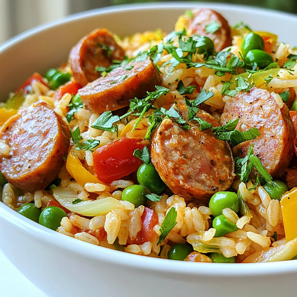To make this dish, you need key ingredients. Here’s what you’ll need: - 1 pound Italian chicken sausage, sliced - 1 cup long-grain rice - 1 medium onion, diced - 2 cloves garlic, minced - 1 bell pepper (red or green), chopped - 1 cup diced tomatoes (canned or fresh) - 2 cups chicken broth - 1 tablespoon olive oil - 1 teaspoon smoked paprika - 1 teaspoon oregano - 1/2 teaspoon cayenne pepper (optional for heat) - Salt and pepper to taste - 1 cup frozen peas - Fresh parsley or cilantro for garnish Some items are common and may already be in your kitchen. These include: - Olive oil - Salt - Pepper - Smoked paprika - Oregano These staples help flavor the dish and make it shine. Want to make your meal even better? Here are some fun add-ins: - Sliced mushrooms for earthiness - Chopped spinach for extra greens - Corn for sweetness - Lemon juice for a bright kick These options let you play with flavors and textures. Enjoy experimenting! {{ingredient_image_1}} Start by heating olive oil in a large pot over medium heat. Add the sliced Italian chicken sausage. Cook until it turns brown, which takes about 5 to 6 minutes. This step builds flavor. Once the sausage is browned, toss in the diced onion, chopped bell pepper, and minced garlic. Sauté this mix for 3 to 4 minutes. The veggies should feel soft and fragrant. Next, add the rice to the pot. Stir it for 1 to 2 minutes. You want the rice to brown a little and soak up all those tasty flavors. Now, it's time for the liquids. Pour in the diced tomatoes and chicken broth. Stir everything well to mix. Raise the heat to bring this mixture to a gentle boil. Once boiling, lower the heat, cover the pot, and let it simmer for about 20 minutes. This lets the rice absorb the broth and become fluffy. In the last 5 minutes of cooking, gently stir in the frozen peas. These add a nice pop of color and nutrients. After the rice is cooked, remove the pot from heat. Let it sit, covered, for 5 more minutes. This resting time helps the rice finish cooking. Fluff the rice with a fork before serving. Garnish with fresh parsley or cilantro for that burst of flavor. Enjoy this dish with your favorite side, and don’t forget to share it with friends! To make sure your rice is full of flavor, use good broth. Chicken broth adds richness. Add the rice after browning the sausage and veggies. Stir it for a minute to help it soak up flavors. This step makes a big difference. Don’t skip browning the sausage. This adds depth and taste. Avoid adding too much liquid; it makes rice mushy. Keep an eye on cooking time. If you lift the lid too soon, steam escapes. This can lead to undercooked rice. Experiment with spices to boost flavor. Smoked paprika brings warmth and a hint of smoke. Oregano adds a lovely earthiness. If you like heat, add cayenne pepper. Fresh herbs like parsley or cilantro brighten the dish. They add color and flavor right before serving. Pro Tips Use Fresh Herbs: Adding freshly chopped parsley or cilantro right before serving enhances the flavor and adds a vibrant color contrast. Don’t Skip Browning the Sausage: Browning the sausage adds depth and a rich flavor to the dish. Make sure to let it get a nice golden color. Adjust the Heat: If you prefer a milder dish, omit the cayenne pepper. For more heat, feel free to add more or even some crushed red pepper flakes. Use High-Quality Broth: The chicken broth is a key component in this recipe. Opt for low-sodium or homemade broth for better control of flavor and saltiness. {{image_2}} You can switch the sausage for other meats. Try turkey sausage for a lighter option. Chicken or beef works well too. If you prefer seafood, shrimp can add a nice twist. Just add shrimp in the last few minutes of cooking. This keeps them tender and juicy. You can make this dish without meat. Use plant-based sausage for a great flavor. Tofu is another good choice; it soaks up flavors well. You can also add more veggies like zucchini or mushrooms. For a vegan option, use vegetable broth instead of chicken broth. Want to explore global flavors? Add spices like curry powder for an Indian twist. For a Mexican vibe, try adding cumin and chili powder. You can also toss in black beans and corn. If you want an Italian flair, include some basil and oregano. Each change makes the dish unique and fun! Store your one pot sausage and rice in an airtight container. This keeps it fresh and flavorful. Let the dish cool down before sealing it. Avoid putting hot food directly in the fridge. This dish stays good in the fridge for about 3 to 4 days. If you want it to last longer, consider freezing it. Always check for any off smells or colors before eating. To freeze, portion the dish into freezer-safe containers. Label them with the date. It can last up to 3 months in the freezer. When ready to eat, thaw it in the fridge overnight. Reheat in a pot over low heat or in the microwave. Stir it well to heat evenly. Yes, you can use brown rice. Brown rice takes longer to cook. You will need to add more chicken broth, about 1/4 to 1/2 cup extra. Adjust the cooking time to about 40-45 minutes. This will help the rice become tender. Great sides include a simple green salad or roasted vegetables. You can also serve crusty bread for dipping. A light coleslaw adds a nice crunch. These sides balance the dish well. Yes, this recipe is perfect for meal prep. It stores well in the fridge for about 3-4 days. Just divide the dish into containers for easy lunches. Reheat in the microwave when you're ready to eat. To spice things up, add more cayenne pepper. You can also use spicy sausage instead of mild. Slicing fresh jalapeños and adding them during cooking adds heat. For an extra kick, try adding hot sauce before serving. This blog post covered everything you need for a tasty one-pot sausage and rice dish. We explored key ingredients, cooking steps, and helpful tips. You learned about flavor variations and proper storage methods. Remember, cooking is all about experimenting and having fun. Don't hesitate to make it your own! With these pointers, you'll create a meal that everyone loves. Enjoy your cooking adventure!