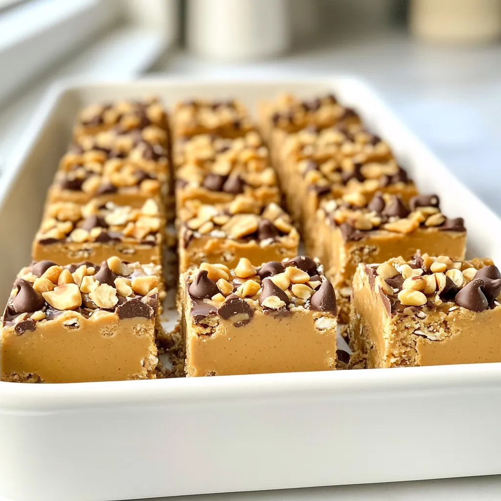 To make these tasty no-bake peanut butter bars, you need a few key ingredients. Here’s what you need: - 1 cup rolled oats - 1 cup smooth peanut butter - 1/2 cup honey or maple syrup - 1/2 cup vanilla protein powder (optional) - 1/4 teaspoon cinnamon - 1/2 cup dark chocolate chips - 1/4 cup chopped nuts (almonds, walnuts, or peanuts) - A pinch of salt These ingredients blend together to create a rich and satisfying treat. The oats give it a nice texture, while the peanut butter adds creaminess and flavor. The honey or maple syrup sweetens the bars, making them hard to resist! If you have any dietary needs, you can easily swap some ingredients. Here are a few ideas: - Use almond butter or sunflower seed butter instead of peanut butter for nut allergies. - Replace honey with agave syrup for a vegan option. - If you’re gluten-free, check that your oats are certified gluten-free. - You can skip the protein powder if you don’t have it or prefer not to use it. These substitutions let everyone enjoy the bars without worry! To make your bars even better, consider adding some fun extras. Here are some ideas: - Mix in a half cup of shredded coconut for a tropical twist. - Add dried fruit, like cranberries or raisins, for some chewiness. - Try different spices like nutmeg or vanilla extract for added flavor. - Top the bars with a drizzle of melted chocolate or a sprinkle of sea salt. These add-ins can help you create a unique treat that suits your taste! {{ingredient_image_1}} First, we mix our base ingredients. In a large bowl, add the rolled oats, smooth peanut butter, honey, protein powder, cinnamon, and a pinch of salt. Use a spoon to stir everything together. You want a thick batter that holds together well. It should not be too dry or too wet. Once you have a good mix, fold in the dark chocolate chips and chopped nuts. This adds flavor and texture to your bars. Now, we need to set our mixture. Grab an 8x8 inch baking dish and line it with parchment paper. Make sure the edges hang over the sides. This will help you lift the bars out later. Pour the mixture into the dish. Use a spatula to spread it evenly. Press down firmly to create a solid layer. This helps the bars hold their shape. After that, place the dish in the fridge. Let it chill for at least 1-2 hours. The bars should feel firm to the touch when ready. Once the bars are set, remove them from the dish. Use the parchment paper to lift them out easily. Place them on a cutting board. Use a sharp knife to cut them into squares or rectangles. You can adjust the size based on your preference. For serving, enjoy them cold or at room temperature. These bars also store well. Keep them in an airtight container in the fridge for up to one week. If you want to save some for later, freeze them for longer storage. To get the right texture, use smooth peanut butter. This helps the bars stay creamy. You can also add honey or maple syrup for sweetness and moisture. The rolled oats give structure. Make sure to mix well until it's thick and sticky. After mixing, press the mixture firmly into the dish. This step is key for the bars to hold together well. Store your bars in an airtight container. This keeps them fresh for up to a week in the fridge. If you want them to last longer, freeze them. Wrap each bar in plastic wrap before freezing. This way, you can grab one when you need a quick snack. Just remember to let them thaw for a few minutes before eating. You can easily customize these bars! Try adding different nuts or seeds for crunch. If you like spices, add more cinnamon or try nutmeg. You can also mix in dried fruits for a sweet touch. For a chocolate lover, use more dark chocolate chips or drizzle melted chocolate on top. The options are endless, so feel free to get creative! Pro Tips Use Natural Sweeteners: Opt for raw honey or pure maple syrup to enhance the flavor and nutritional value of your bars. Experiment with Mix-Ins: Feel free to customize your bars by adding dried fruits, seeds, or different types of nuts for added texture and flavor. Chill for Optimal Texture: Allow the bars to chill in the refrigerator for at least 2 hours to ensure they hold their shape when cut. Store Properly: Keep the bars in an airtight container in the refrigerator for freshness, or freeze them for longer storage without losing texture. {{image_2}} Each no-bake peanut butter bar has about 150 calories. This total comes from the oats, peanut butter, and sweetener. If you cut the bars into 12 pieces, you get a nice snack without too many calories. This makes them a great treat for any time of day. - Peanut Butter: Packed with protein and healthy fats, peanut butter keeps you full. It's also a good source of vitamins like E and B6. - Rolled Oats: These oats provide fiber. Fiber helps with digestion and keeps your heart healthy. - Honey or Maple Syrup: Both add natural sweetness. They provide quick energy and may have some antioxidants. - Dark Chocolate Chips: They add flavor and can improve mood. Dark chocolate also has iron and magnesium. - Nuts: Chopped nuts add crunch and healthy fats. They can also help with brain health. When choosing between honey and maple syrup, consider these points: - Honey: Has more calories but offers more antioxidants. It adds a unique, floral taste. - Maple Syrup: Slightly lower in calories. It has a rich, earthy flavor and is often preferred in vegan diets. Both sweeteners work well in recipes, so pick based on your taste preference and diet. You can make these bars even better by adding protein powder. Just mix in 1/2 cup of vanilla protein powder when you combine the other ingredients. This will give you a boost of energy and help with muscle repair. If you work out often, this version will fuel your body well. You’ll enjoy a tasty treat that’s also good for you. If you want a vegan version, swap honey for maple syrup. Use a plant-based protein powder too. Make sure your chocolate chips are dairy-free. This way, you can enjoy the bars without any animal products. The taste will still be rich and creamy. You won’t miss out on flavor while staying true to a vegan diet. Get creative by adding different flavors! You can mix in shredded coconut for a tropical twist. Dried fruits like raisins or cranberries also work well. They add sweetness and a chewy texture. You might also try using a mix of nuts for crunch. Experimenting with flavors keeps things fun. Each batch can taste unique based on your choices! These bars stay fresh for up to one week in the fridge. Store them in an airtight container. If you freeze them, they last for about three months. Just remember to wrap them well. Thaw them in the fridge before eating. Yes, you can use crunchy peanut butter! It adds a fun texture to the bars. The taste will still be great, and the crunch enhances the overall experience. Just make sure it’s a good quality peanut butter to keep the flavor strong. You can skip the protein powder altogether if you don’t have any. You can also use oat flour or almond meal for a different twist. If you want to add more nutrition, consider ground flaxseed or chia seeds. These options will keep the bars tasty and healthy. These no-bake peanut butter bars are simple and delicious. I shared essential ingredients, dietary substitutions, and optional add-ins to boost flavor. You learned step-by-step instructions for making and cutting the bars. Tips and tricks helped you achieve the perfect texture and store them well. We explored protein-packed and vegan-friendly variations too. In closing, these bars are not just tasty; they are also nutritious. Enjoy customizing them to fit your needs!