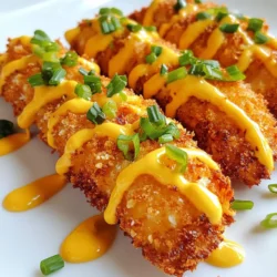 - 1 lb chicken tenders - 1 cup buttermilk - 1 cup all-purpose flour - 1 cup panko breadcrumbs - 1 teaspoon salt - 1 teaspoon black pepper - 1 teaspoon paprika - 1/2 teaspoon garlic powder - 1/2 teaspoon onion powder - 1/2 cup mayonnaise - 2 tablespoons sweet chili sauce - 1 tablespoon sriracha - 1 teaspoon honey - 1 teaspoon lime juice Bang Bang Chicken Tenders shine with a mix of crispy coating and a creamy sauce. First, gather your main ingredients. The chicken tenders provide a juicy base. Buttermilk helps in marinating, giving flavor and tenderness. Panko breadcrumbs create a crunchy texture. Next, you need seasoning. Salt and pepper enhance the taste. Paprika adds a nice color and mild heat. Garlic powder and onion powder bring depth to the flavor. For the Bang Bang sauce, the mix of mayonnaise and sweet chili sauce gives creaminess and sweetness. Sriracha brings a kick, while honey and lime juice balance the flavors. This sauce is the star of the dish. With these ingredients, you prepare for a fun cooking experience. Each element works together to create a memorable meal. Enjoy the process and the delicious outcome! {{ingredient_image_1}} To start, grab a bowl. In this bowl, mix 1 cup of buttermilk with: - 1 teaspoon salt - 1 teaspoon black pepper - 1 teaspoon paprika - 1/2 teaspoon garlic powder - 1/2 teaspoon onion powder This mix will add flavor to your chicken. Make sure you stir it well. Next, take your 1 pound of chicken tenders and add them to the buttermilk blend. Coat them fully. Cover this bowl with plastic wrap. Place it in the fridge for at least 30 minutes. If you have more time, letting it sit for 2 hours will give even better flavor. Now, let’s set up our breading stations. In one shallow dish, mix 1 cup of all-purpose flour with a pinch of salt and pepper. In another dish, pour 1 cup of panko breadcrumbs. When ready, take a marinated chicken tender from the buttermilk. First, dredge it in the flour mix. Shake off any extra flour. Then dip it back into the buttermilk. Finally, coat it in the panko breadcrumbs. Make sure it’s fully covered. Repeat this for all chicken tenders. Time to fry! Heat oil in a deep skillet over medium-high heat. Make sure the oil is hot but not smoking. Carefully place the chicken tenders in the hot oil. Do not overcrowd the pan; this helps them cook evenly. Fry each tender for about 3 to 4 minutes on one side. Then flip and fry for another 3 to 4 minutes. They should turn golden brown. Once done, move them to a plate lined with paper towels to drain any extra oil. To achieve the best Bang Bang Chicken Tenders, the oil temperature matters. Heat your oil to around 350°F (175°C). This temperature ensures a crispy coating without burning. If the oil is too cool, the chicken will absorb more oil and become soggy. Avoid overcrowding the pan when frying. Place only a few tenders in the oil at once. This keeps the oil temperature stable, allowing for even cooking. If you crowd the pan, the tenders will steam instead of fry. Fry them in batches for the best results. Marination is key for juicy flavor. Use buttermilk and spices to coat the chicken. Allow the chicken to soak for at least 30 minutes, but longer is better. Marinating for up to two hours will make your tenders even tastier. Adjust the spice levels in the Bang Bang sauce to suit your taste. If you want more heat, add extra sriracha. For a milder sauce, reduce the sriracha amount. Taste as you mix to find your perfect balance. Serving your chicken tenders beautifully will impress everyone. Arrange them on a nice platter for a great look. You can drizzle the Bang Bang sauce over the tenders or serve it on the side for dipping. Garnish with chopped green onions or sesame seeds for color and crunch. These little touches make your dish pop and invite people to dig in. Pro Tips Marinating Time: The longer you marinate the chicken, the more flavorful and tender it will be. Aim for at least 1 hour for the best results. Oil Temperature: Ensure the oil is hot enough before frying. A temperature of around 350°F (175°C) is ideal for achieving a crispy outer layer without absorbing too much oil. Panko Perfection: For extra crunch, try using seasoned panko breadcrumbs or mix in some grated parmesan cheese with the panko for added flavor. Sauce Variation: Feel free to customize the Bang Bang sauce by adding more or less sriracha based on your spice preference, or try adding a touch of garlic or ginger for a different twist. {{image_2}} You can make Bang Bang Chicken Tenders lighter. Try baking instead of frying. Baking cuts down on oil and makes them crisp. Preheat your oven to 400°F. Place the breaded tenders on a baking sheet. Bake for 20-25 minutes, flipping halfway through. They’ll turn golden and stay juicy! If you need to swap some ingredients, there are options. Use almond flour instead of all-purpose flour for a gluten-free choice. For a dairy-free version, substitute buttermilk with a mix of almond milk and vinegar. This keeps the flavor while meeting your dietary needs. Get creative with the breading. You can add spices like cayenne pepper or cumin for a kick. Mix in herbs like oregano or thyme for a fresh taste. This can change the whole dish! Experiment with different flavors to find your favorite. You can also modify the Bang Bang sauce. Try adding more sriracha for extra heat. Or, mix in garlic or ginger for added depth. You can even swap mayo for Greek yogurt for a tangy twist. These small changes can make your dish unique! For side dishes, I recommend a fresh salad or crispy fries. A light coleslaw complements the chicken well, adding crunch and freshness. You can also serve steamed veggies for a healthy touch. When it comes to drinks, pair these tenders with a cold soda or iced tea. A light beer works nicely too. These pairings will enhance your meal and satisfy your taste buds! To keep your Bang Bang chicken tenders fresh, seal them well. Use airtight containers or plastic wrap. This method helps to keep their flavors. Store them in the fridge for up to three days. If you wait longer, they may lose taste and texture. When reheating, use the oven for best results. Preheat your oven to 375°F. Place the tenders on a baking sheet. Heat for about 10 to 15 minutes. This method helps keep them crispy. Avoid using the microwave, as it can make them soggy. To freeze, let the chicken tenders cool completely. Place them in a single layer on a baking sheet. Freeze them for about an hour. Once frozen, transfer them to a freezer bag. They can last up to three months in the freezer. When you want to eat them, thaw them in the fridge overnight. You can reheat them straight from the freezer, but it may take longer. Enjoy your tasty tenders anytime! To add more heat, use extra sriracha in the sauce. You can also try adding cayenne pepper to the flour mix. For a bold kick, mix in some crushed red pepper flakes. If you like spicy foods, these changes will make the tenders exciting. Yes, you can! Use gluten-free flour instead of all-purpose flour. For the breading, try gluten-free panko breadcrumbs. Make sure to check labels to avoid hidden gluten. This way, everyone can enjoy these tasty chicken tenders. If you don't have buttermilk, mix milk with vinegar or lemon juice. Let it sit for five minutes to thicken. You can also use plain yogurt thinned with a bit of water. These options work well for marinating the chicken. You now have all the tools to create delicious Bang Bang Chicken Tenders. We covered the main ingredients, the marinating process, and the frying method. You learned handy tips and tricks to perfect your dish. There are also tasty variations and storage info to help you. Enjoy making these chicken tenders for any occasion. They are sure to impress everyone. Embrace the process and have fun with flavors as you cook!