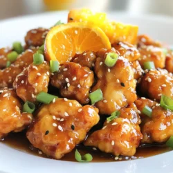 - 1 pound boneless, skinless chicken thighs - 1/2 cup freshly squeezed orange juice - 2 tablespoons low-sodium soy sauce - 2 tablespoons honey - 1 tablespoon rice vinegar - 1 teaspoon grated ginger - 2 minced garlic cloves - 1 tablespoon sesame oil These main ingredients create a wonderful balance of sweet and tangy. The chicken thighs are juicy and flavorful, while the orange juice adds brightness. Soy sauce and honey deepen the taste, making it rich. - Segments from 1 orange - 2 sliced green onions - Sesame seeds Garnishes make the dish pop. Orange segments add a juicy bite. Green onions give a fresh crunch. Sesame seeds add a nice touch and a bit of nutty flavor. - 1 tablespoon cornstarch - 1 tablespoon olive oil Cornstarch helps the chicken get crispy. This adds texture to each bite. Olive oil is perfect for cooking the chicken. It helps brown the meat and keeps it moist. Using these ingredients makes Tangy Orange Chicken easy and fun to prepare. Each part plays a role in creating a flavorful meal. {{ingredient_image_1}} First, take 1 pound of boneless, skinless chicken thighs. Cut them into bite-sized pieces. In a medium bowl, toss the chicken with 1 tablespoon of cornstarch. Make sure every piece is coated well. This step helps make the chicken crispy when cooked. Next, heat 1 tablespoon of olive oil in a large skillet over medium-high heat. Once the oil is hot, add the chicken pieces in a single layer. Cook the chicken for about 5 to 7 minutes. You want it to be browned and cooked through. When done, remove the chicken from the skillet and set it aside. Now, let’s make the sauce. In the same skillet, lower the heat to medium. Pour in 1/2 cup of freshly squeezed orange juice, 2 tablespoons of low-sodium soy sauce, and 2 tablespoons of honey. Add 1 tablespoon of rice vinegar, 1 teaspoon of grated ginger, and 2 minced garlic cloves. Stir everything to combine well. Scrape up any browned bits from the bottom of the pan as you mix. Allow the sauce to simmer for about 3 to 5 minutes. This helps the sauce thicken a bit. Now it's time to put it all together. Return the cooked chicken to the skillet. Toss it in the sauce until every piece is well-coated. Cook for an additional 2 to 3 minutes. This allows the chicken to soak up all the delicious flavors. Finally, drizzle 1 tablespoon of sesame oil over the chicken and stir to mix. Remove the skillet from the heat. Plate the chicken and garnish it with orange segments, sliced green onions, and a sprinkle of sesame seeds. Using fresh orange juice makes a huge difference. The taste is bright and lively. Bottled juice lacks the same fresh vibe. Squeeze your oranges right before cooking for the best flavor. Add sesame oil at the end of cooking. This keeps its nutty taste strong. If you add it too early, the flavor fades. Drizzle it over the chicken just before serving. Cook the chicken at medium-high heat. This helps it crisp up nicely. If the heat is too low, the chicken stews instead of browning. Avoid overcrowding your skillet. If you add too much chicken at once, it steams instead of browns. Cook in batches if needed. Prep your ingredients ahead of time. Cut the chicken, squeeze the juice, and measure sauces. This makes cooking smooth and quick. Using readiness of ingredients helps too. Have everything in reach when you start cooking. It allows you to focus on making that Tangy Orange Chicken shine! Pro Tips Use Fresh Orange Juice: Freshly squeezed orange juice enhances the flavor significantly compared to bottled juice, giving your dish a bright and vibrant taste. Don’t Overcrowd the Pan: Cooking the chicken in a single layer allows it to brown properly and develop a crispy texture. If necessary, cook in batches. Let It Simmer: Allowing the sauce to simmer for a few minutes helps deepen the flavors and gives the dish a more complex taste. Garnish for Appeal: Adding garnishes like orange segments, green onions, and sesame seeds not only enhances the presentation but also adds texture and additional flavor. {{image_2}} You can switch up the chicken in this recipe. Try using chicken breasts instead of thighs. They are leaner, and they work well too. Just remember to cook them until they are nice and juicy. For sweetness, you can use different options. Maple syrup or agave syrup can replace honey. Each adds a unique flavor. Just make sure to adjust the amount to taste. If you're looking for gluten-free options, swap regular soy sauce for a gluten-free version. This small change keeps the flavor intact while making it safe for those with gluten sensitivities. For a low-carb alternative, consider using cauliflower rice instead of white rice. It pairs well with the chicken. You can also skip the honey for a less sugary dish. Want to spice things up? Add chili flakes to the sauce for some heat. This will give your dish a nice kick without overpowering the orange flavor. You can also incorporate other citrus fruits. Try using lime or lemon juice along with orange juice. This blend can add depth and a refreshing twist to the dish. To store leftovers, place the Tangy Orange Chicken in an airtight container. This keeps it fresh and safe. Make sure to cool it to room temperature first. For best taste, eat the leftovers within three days. When reheating, you can use the microwave or stovetop. If using the microwave, heat on medium power for about one to two minutes. Stir halfway through to ensure even heating. On the stovetop, warm it in a pan over low heat until hot. This keeps the chicken juicy and flavorful. You can freeze cooked orange chicken for longer storage. First, let it cool completely. Then, place it in a freezer-safe bag or container. Remove as much air as possible to avoid freezer burn. It can last up to three months in the freezer. When you're ready to eat, thaw it in the fridge overnight. This is the best method for taste. You can also use the microwave for a quick thaw, but this may affect the texture. After thawing, reheat it as mentioned above. In the fridge, Tangy Orange Chicken lasts for about three to four days. Always check for signs of spoilage. If you see any off smells or discoloration, it's best to discard it. Look for dry spots or a slimy texture. These are clear signs that the chicken has gone bad. Enjoy your meal while it’s fresh for the best flavor and safety! You can make Tangy Orange Chicken gluten-free by swapping regular soy sauce for tamari. Tamari is a gluten-free soy sauce that adds the same great taste. Another option is coconut aminos, which is a sweet, soy-free sauce. Both options work well in this recipe and keep the flavor strong. Yes, you can prepare Tangy Orange Chicken in advance. Cook the chicken and sauce separately. Store them in airtight containers in the fridge. When you're ready to eat, just heat the chicken and sauce together in a pan. This method saves time and keeps the chicken juicy. Tangy Orange Chicken pairs well with white rice, quinoa, or steamed broccoli. You can also serve it with a fresh salad or stir-fried veggies for a colorful plate. These sides balance the sweet and tangy flavors, making your meal more satisfying. In this article, we explored the key ingredients for making Tangy Orange Chicken, from chicken thighs to flavorful sauces. I shared tips for ensuring crispy chicken and enhancing flavors. We also looked at easy variations, storage advice, and answered common questions. With these straightforward steps, you can create a delicious dish. Remember, fresh orange juice and proper cooking techniques are essential. Enjoy your cooking journey, and share your delicious results with others!