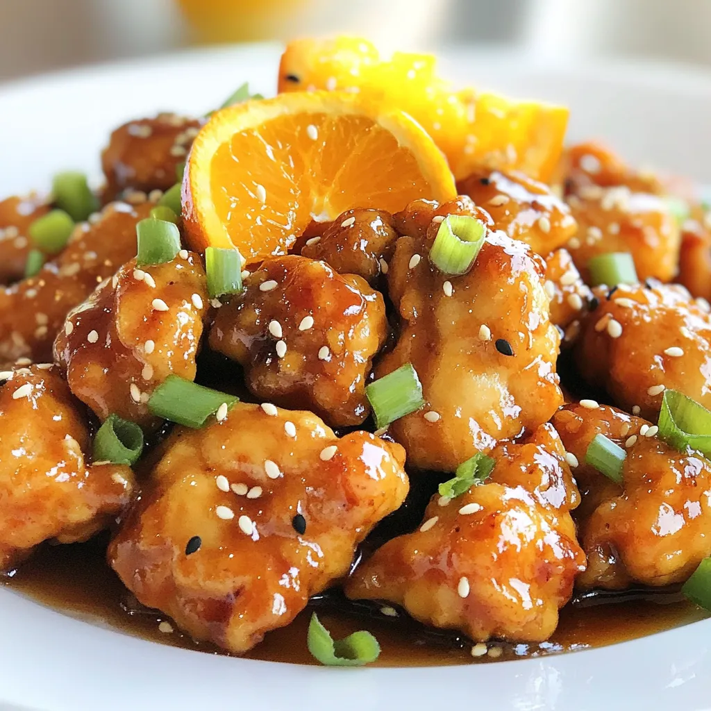 - 1 pound boneless, skinless chicken thighs - 1/2 cup freshly squeezed orange juice - 2 tablespoons low-sodium soy sauce - 2 tablespoons honey - 1 tablespoon rice vinegar - 1 teaspoon grated ginger - 2 minced garlic cloves - 1 tablespoon sesame oil These main ingredients create a wonderful balance of sweet and tangy. The chicken thighs are juicy and flavorful, while the orange juice adds brightness. Soy sauce and honey deepen the taste, making it rich. - Segments from 1 orange - 2 sliced green onions - Sesame seeds Garnishes make the dish pop. Orange segments add a juicy bite. Green onions give a fresh crunch. Sesame seeds add a nice touch and a bit of nutty flavor. - 1 tablespoon cornstarch - 1 tablespoon olive oil Cornstarch helps the chicken get crispy. This adds texture to each bite. Olive oil is perfect for cooking the chicken. It helps brown the meat and keeps it moist. Using these ingredients makes Tangy Orange Chicken easy and fun to prepare. Each part plays a role in creating a flavorful meal. {{ingredient_image_1}} First, take 1 pound of boneless, skinless chicken thighs. Cut them into bite-sized pieces. In a medium bowl, toss the chicken with 1 tablespoon of cornstarch. Make sure every piece is coated well. This step helps make the chicken crispy when cooked. Next, heat 1 tablespoon of olive oil in a large skillet over medium-high heat. Once the oil is hot, add the chicken pieces in a single layer. Cook the chicken for about 5 to 7 minutes. You want it to be browned and cooked through. When done, remove the chicken from the skillet and set it aside. Now, let’s make the sauce. In the same skillet, lower the heat to medium. Pour in 1/2 cup of freshly squeezed orange juice, 2 tablespoons of low-sodium soy sauce, and 2 tablespoons of honey. Add 1 tablespoon of rice vinegar, 1 teaspoon of grated ginger, and 2 minced garlic cloves. Stir everything to combine well. Scrape up any browned bits from the bottom of the pan as you mix. Allow the sauce to simmer for about 3 to 5 minutes. This helps the sauce thicken a bit. Now it's time to put it all together. Return the cooked chicken to the skillet. Toss it in the sauce until every piece is well-coated. Cook for an additional 2 to 3 minutes. This allows the chicken to soak up all the delicious flavors. Finally, drizzle 1 tablespoon of sesame oil over the chicken and stir to mix. Remove the skillet from the heat. Plate the chicken and garnish it with orange segments, sliced green onions, and a sprinkle of sesame seeds. Using fresh orange juice makes a huge difference. The taste is bright and lively. Bottled juice lacks the same fresh vibe. Squeeze your oranges right before cooking for the best flavor. Add sesame oil at the end of cooking. This keeps its nutty taste strong. If you add it too early, the flavor fades. Drizzle it over the chicken just before serving. Cook the chicken at medium-high heat. This helps it crisp up nicely. If the heat is too low, the chicken stews instead of browning. Avoid overcrowding your skillet. If you add too much chicken at once, it steams instead of browns. Cook in batches if needed. Prep your ingredients ahead of time. Cut the chicken, squeeze the juice, and measure sauces. This makes cooking smooth and quick. Using readiness of ingredients helps too. Have everything in reach when you start cooking. It allows you to focus on making that Tangy Orange Chicken shine! Pro Tips Use Fresh Orange Juice: Freshly squeezed orange juice enhances the flavor significantly compared to bottled juice, giving your dish a bright and vibrant taste. Don’t Overcrowd the Pan: Cooking the chicken in a single layer allows it to brown properly and develop a crispy texture. If necessary, cook in batches. Let It Simmer: Allowing the sauce to simmer for a few minutes helps deepen the flavors and gives the dish a more complex taste. Garnish for Appeal: Adding garnishes like orange segments, green onions, and sesame seeds not only enhances the presentation but also adds texture and additional flavor. {{image_2}} You can switch up the chicken in this recipe. Try using chicken breasts instead of thighs. They are leaner, and they work well too. Just remember to cook them until they are nice and juicy. For sweetness, you can use different options. Maple syrup or agave syrup can replace honey. Each adds a unique flavor. Just make sure to adjust the amount to taste. If you're looking for gluten-free options, swap regular soy sauce for a gluten-free version. This small change keeps the flavor intact while making it safe for those with gluten sensitivities. For a low-carb alternative, consider using cauliflower rice instead of white rice. It pairs well with the chicken. You can also skip the honey for a less sugary dish. Want to spice things up? Add chili flakes to the sauce for some heat. This will give your dish a nice kick without overpowering the orange flavor. You can also incorporate other citrus fruits. Try using lime or lemon juice along with orange juice. This blend can add depth and a refreshing twist to the dish. To store leftovers, place the Tangy Orange Chicken in an airtight container. This keeps it fresh and safe. Make sure to cool it to room temperature first. For best taste, eat the leftovers within three days. When reheating, you can use the microwave or stovetop. If using the microwave, heat on medium power for about one to two minutes. Stir halfway through to ensure even heating. On the stovetop, warm it in a pan over low heat until hot. This keeps the chicken juicy and flavorful. You can freeze cooked orange chicken for longer storage. First, let it cool completely. Then, place it in a freezer-safe bag or container. Remove as much air as possible to avoid freezer burn. It can last up to three months in the freezer. When you're ready to eat, thaw it in the fridge overnight. This is the best method for taste. You can also use the microwave for a quick thaw, but this may affect the texture. After thawing, reheat it as mentioned above. In the fridge, Tangy Orange Chicken lasts for about three to four days. Always check for signs of spoilage. If you see any off smells or discoloration, it's best to discard it. Look for dry spots or a slimy texture. These are clear signs that the chicken has gone bad. Enjoy your meal while it’s fresh for the best flavor and safety! You can make Tangy Orange Chicken gluten-free by swapping regular soy sauce for tamari. Tamari is a gluten-free soy sauce that adds the same great taste. Another option is coconut aminos, which is a sweet, soy-free sauce. Both options work well in this recipe and keep the flavor strong. Yes, you can prepare Tangy Orange Chicken in advance. Cook the chicken and sauce separately. Store them in airtight containers in the fridge. When you're ready to eat, just heat the chicken and sauce together in a pan. This method saves time and keeps the chicken juicy. Tangy Orange Chicken pairs well with white rice, quinoa, or steamed broccoli. You can also serve it with a fresh salad or stir-fried veggies for a colorful plate. These sides balance the sweet and tangy flavors, making your meal more satisfying. In this article, we explored the key ingredients for making Tangy Orange Chicken, from chicken thighs to flavorful sauces. I shared tips for ensuring crispy chicken and enhancing flavors. We also looked at easy variations, storage advice, and answered common questions. With these straightforward steps, you can create a delicious dish. Remember, fresh orange juice and proper cooking techniques are essential. Enjoy your cooking journey, and share your delicious results with others!