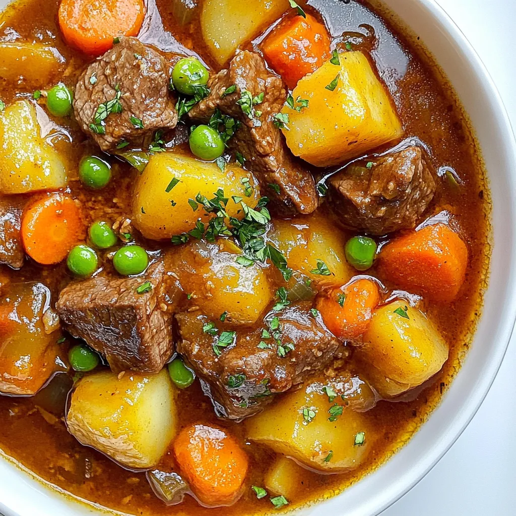 - 2 pounds beef chuck, cut into 1-inch cubes - 3 tablespoons vegetable oil - 1 large onion, diced - 3 cloves garlic, minced - 4 large carrots, sliced - 3 medium potatoes, cubed - 2 cups beef broth - 1 cup green peas (fresh or frozen) - 2 tablespoons tomato paste - 1 teaspoon dried thyme - 1 teaspoon dried rosemary - 1 bay leaf - Salt and pepper to taste - 2 tablespoons cornstarch (optional, for thickening) - Fresh parsley for garnish Each ingredient plays a key role in the stew. The beef chuck brings rich flavor and texture. The vegetable oil helps brown the meat, adding depth. Onions and garlic give a base of aroma that enhances the stew. Carrots and potatoes provide sweetness and heartiness. Beef broth ties everything together, making it warm and comforting. You can easily change up this recipe. Consider adding: - Mushrooms for an earthy flavor - Celery for extra crunch - Red wine for depth and richness - A splash of Worcestershire sauce for added umami - Herbs like parsley or basil for freshness Feel free to adjust these ingredients to suit your taste. Cooking is all about personal touch! {{ingredient_image_1}} Start by cutting 2 pounds of beef chuck into 1-inch cubes. Make sure the pieces are even. This helps them cook well. Heat 3 tablespoons of vegetable oil in a large pot over medium-high heat. Once hot, add the beef in batches. Sear it for 4 to 5 minutes until all sides are brown. This step adds flavor. Remove the beef and set it aside for now. In the same pot, add 1 large diced onion. Cook it for about 3 minutes until it softens. Stir often to avoid burning. Next, add 3 cloves of minced garlic and cook for 1 more minute. This step brings out the sweet garlic flavor. Now, pour in 2 cups of beef broth. Add the seared beef back into the pot. Also, mix in 2 tablespoons of tomato paste, 1 teaspoon of dried thyme, 1 teaspoon of dried rosemary, 1 bay leaf, and salt and pepper to taste. Stir it well. Bring the stew to a simmer. Reduce the heat to low, cover it, and let it cook for 1 hour. After an hour, add 4 large sliced carrots and 3 cubed medium potatoes. Stir to combine everything. Cover again and let it simmer for another 30 to 40 minutes. Check that the vegetables are tender and the beef is fork-tender. If you want a thicker stew, dissolve 2 tablespoons of cornstarch in cold water. Stir it into the stew and cook for an extra 5 minutes. Remove the bay leaf, taste, and adjust the seasoning with salt and pepper. Finally, stir in 1 cup of green peas and cook for 5 more minutes. Ladle the stew into bowls, garnish with fresh parsley, and enjoy! To get the best texture in your beef stew, start with good beef. I like using beef chuck. Cut it into 1-inch cubes for even cooking. Sear the beef in oil until it is brown on all sides. This step adds flavor and depth. Cook it in batches to avoid steaming. After that, simmer it slowly in beef broth. This will help keep the meat tender. When you add the veggies, don’t overcook them. They should be soft but not mushy. For a richer flavor, add tomato paste at the start. It blends well with the broth. Fresh herbs like thyme and rosemary boost the taste. You can also add a splash of red wine while cooking. This adds depth to the stew. If you like a bit of spice, try adding a pinch of red pepper flakes. Don’t forget to taste and adjust salt and pepper as you go. Green peas add a nice touch at the end, bringing color and sweetness. One common mistake is not browning the beef enough. It needs that nice crust for flavor. Another mistake is cooking it too quickly. Slow and low is key. If you add too many veggies at once, they may not cook evenly. Also, don’t skip the bay leaf. It adds a subtle flavor that ties everything together. Lastly, remember to remove the bay leaf before serving. Enjoying your stew is much better without it! Pro Tips Choose the Right Cut: Opt for beef chuck, which is well-marbled and tenderizes beautifully during slow cooking. Layer Flavors: Searing the beef before adding other ingredients enhances the stew's depth of flavor. Vegetable Timing: Add heartier vegetables like potatoes and carrots early, while more delicate ones like peas should be added towards the end of cooking. Thickening Tips: If you prefer a thicker stew, mix cornstarch with cold water before adding it to avoid clumping. {{image_2}} You can swap beef chuck for other cuts. Try using brisket or round. If you want a leaner option, use sirloin. For a non-meat option, try seitan or mushrooms. You can also replace vegetable oil with olive oil for a different taste. If you have no beef broth, use chicken broth or vegetable broth. You can make this stew in several ways. A slow cooker works well. Just sauté the beef and veggies first. Then, add everything into the slow cooker. Set it on low for 6-8 hours. If you are short on time, use a pressure cooker. Cook it for about 35 minutes. Both methods give you tender beef and rich flavor. Seasonal veggies can add color and flavor. In spring, add asparagus or green beans. In summer, try zucchini or bell peppers. In fall, root veggies like turnips or parsnips fit well. In winter, kale or Brussels sprouts can boost nutrition. Feel free to mix and match to suit your taste! Once your beef stew cools, store it in an airtight container. Make sure to leave it at room temperature for about an hour before refrigerating. This helps keep the stew fresh. In the fridge, your beef stew lasts up to three days. If you want to keep it longer, consider freezing it. To freeze your beef stew, pour it into freezer-safe bags or containers. Leave some space at the top to allow for expansion. Label each bag with the date. Beef stew can last in the freezer for up to three months. When you're ready to eat, thaw it overnight in the fridge. For a quick thaw, place the bag in cold water. Reheat your beef stew on the stove or in the microwave. If using the stove, pour it into a pot and heat on low. Stir it often to avoid burning. If using a microwave, heat it in short bursts, stirring in between. Make sure it's hot all the way through before serving. If the stew is too thick, add a splash of broth or water to reach your desired consistency. Classic beef stew lasts about 3 to 4 days in the fridge. Make sure you store it in an airtight container. The stew may taste even better the next day as flavors meld. Just reheat it on the stove or in the microwave. Yes, you can use other cuts of beef for this stew. Cuts like brisket or round work well too. Just ensure you cut the beef into 1-inch cubes for even cooking. Tougher cuts often become tender with slow cooking, making them great for stew. Beef stew pairs well with crusty bread or warm rolls. Serving it over mashed potatoes adds a nice touch. You could also enjoy it with a simple green salad for a fresh contrast. Don't be afraid to get creative with sides! In this article, we covered beef stew from ingredients to storage. You learned about key ingredients, measurements, and how to customize your dish. We also shared easy preparation steps and tips for the best texture and flavor. Remember to try different cooking methods and add seasonal veggies to make it your own. Proper storage ensures your stew lasts longer, and I answered common questions to clarify your doubts. Beef stew is simple, tasty, and full of warmth, making it perfect for any meal. Enjoy your cooking adventure!